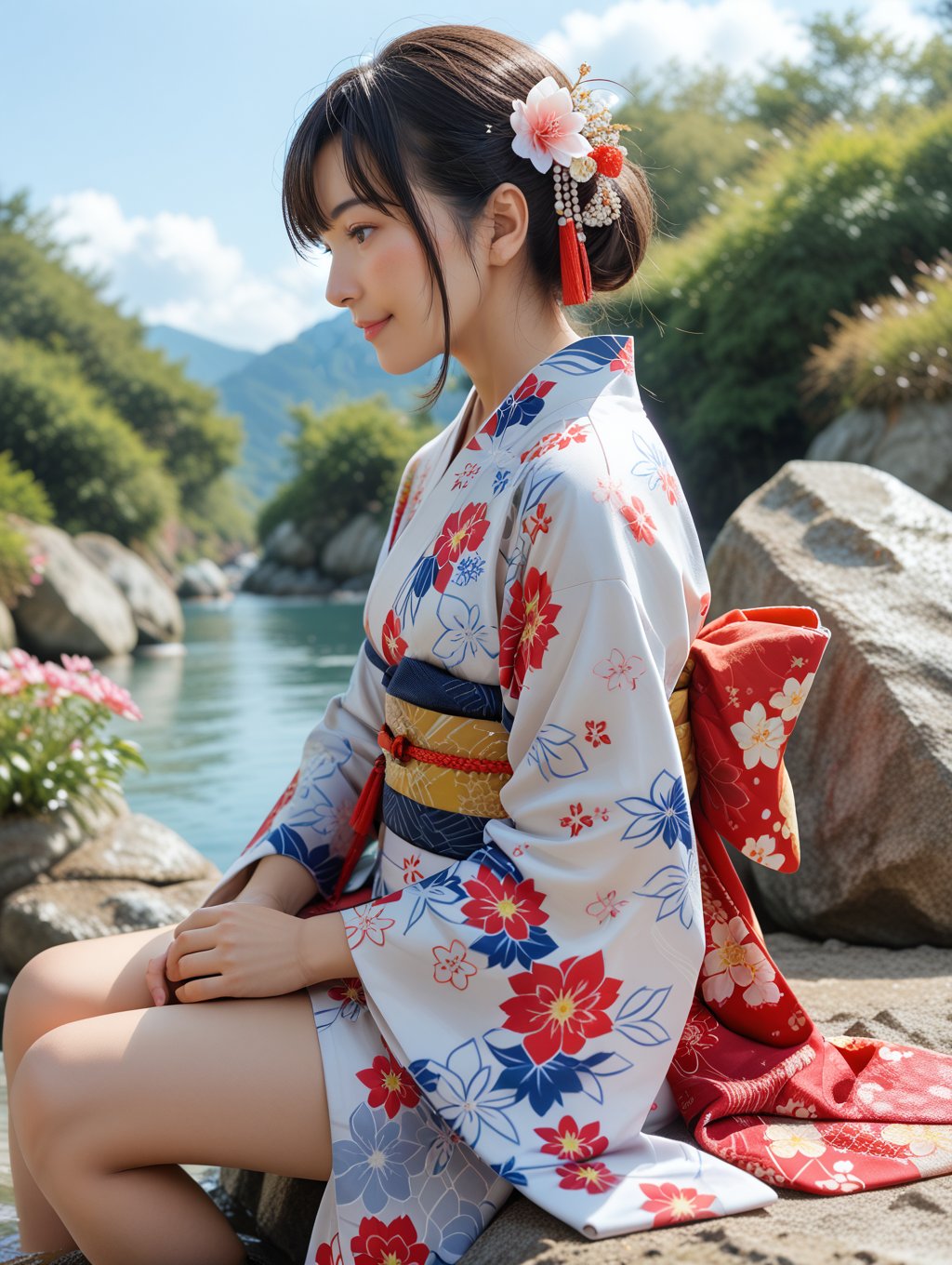 score_9, score_8_up, score_7_up,source_real,real skin,BREAK1girl, blush, smile,long sleeves, closed mouth, sitting, flower, outdoors, sky, medium hair, cloud, hair flower, from front,profile,  capturing emotion, personality, flattering lighting, professional, engaging, compelling composition, photograph, she is wearing a short kimono,japanese clothes, hair ornament, hair flower, wide sleeves,sash,floral print, obi,rock,print kimono, her short kimono,japanese clothes, hair ornament, hair flower, wide sleeves,sash,floral print, obi,rock,print kimono, is yellow and has Intecrate metal embroidery on it, Hasselblad, 50mm