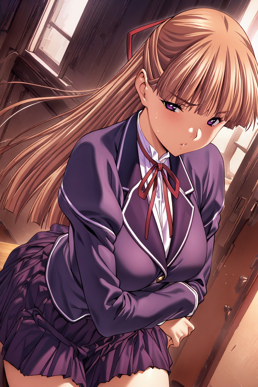 cowboy shot, kanzaki asuka, 1girl, solo, school uniform, purple blazer, purple skirt, half updo, red hair bow, purple eyes, blonde hair, long hair, large breasts, blunt bangs, (masterpiece, high-quality, breathtaking, highres, ultra detailed), (expressive eyes, perfect face),  <lora:kanzaki asuka retro:1>