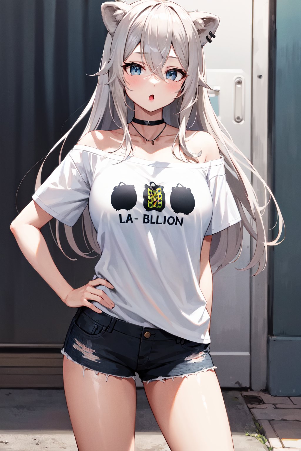 masterpiece, best quality, highres, eebotan, long hair, ahoge, animal ears, ear piercing, large breasts, black choker, collarbone, necklace, single bare shoulder, off shoulder, t-shirt, print shirt, white shirt, clothes writing, short sleeves, short shorts, <lora:shishiro_botan_v1:0.7>, standing, cowboy shot, :o, hand on hip, 