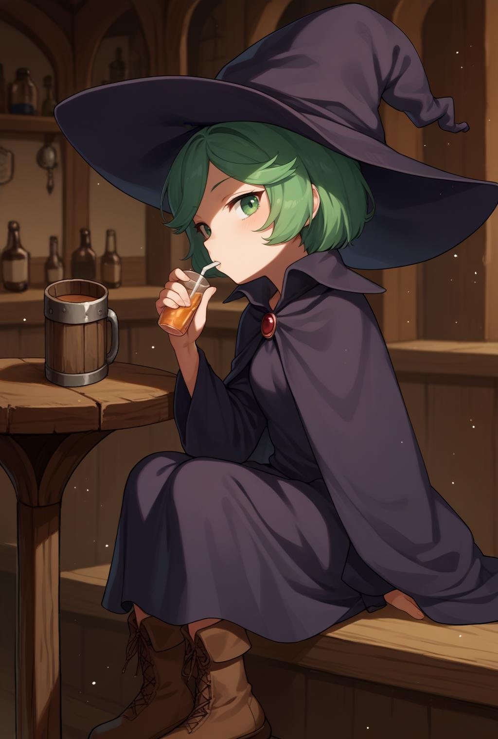 score_9, score_8_up, source_anime, looking at viewer, solo,<lora:ShierkePdxlDwnsty:0.8>, green hair, short hair, witch hat, cape, dress,  robe, long sleeves, boots, brown footwear, brooch, small breasts, sitting, from side, drinking, tee,indoors, tavern, 