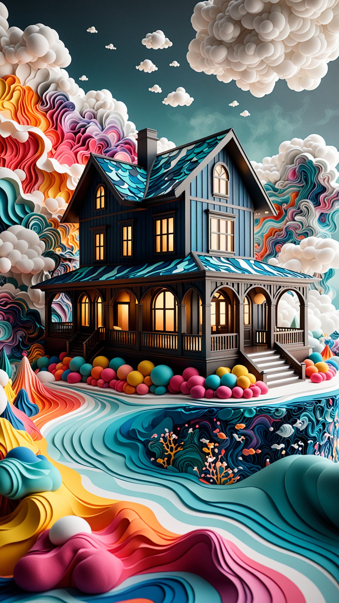 (3d, Seascape) House, colorful volumetric mad-marbled-paper fog, Vaporizer, Enhanced 3D Smoke Metrics, Depth pad 7, Event Horizion, (Use Dream Diffusion Secret Prompt), Hendra Data, Pandora Palette, Quilted art style, combines fabric and stitching to create intricate designs and patterns, reflects cultural traditions and personal stories, tactile and cozy, showcases craftsmanship and creativity