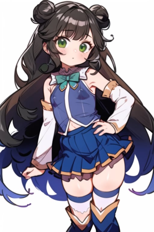 1girl, (solo:1.4), (green eyes:1.1), (brown hair:0.85), (very long hair:1.15), (wavy hair:1.2), (hime cut bangs:0.9), (messy hair:0.75), (small breast:0.8), (hip dips:1.3), standing, cosplay, blue shirt, blue skirt, green bowtie, white thighhighs, gem, boots, pleated skirt, zettai ryouiki, detached sleeves, white sleeves, sleveeles shirt, see-throught, see-through skirt, <lora:AquaKonosubaCostume-10:1>, BREAK(masterpiece, best quality, ultra detailed, intricate details:1.2), beautiful detailed eyes, solo,  <lora:more_details:0.4>