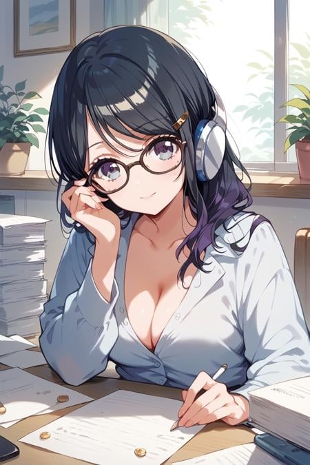 score_9, score_8_up, score_7_up, score_6_up,<lora:Takao_Toka:0.9> takao, 1girl, glasses, solo, headphones, hair ornament, breasts, hairclip, long hair, paper, cleavage, black hair, holding, indoors, looking at viewer, shirt, navialt