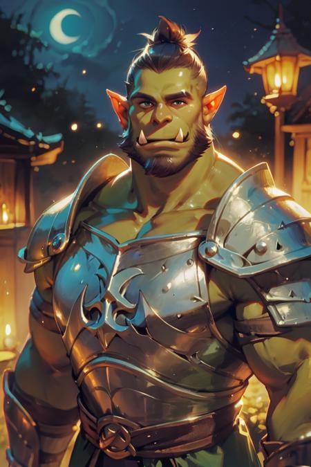 score_9, score_8_up, score_7_up, solo, male focus, mature male, orc, green skin, tusks, beard, outdoors, armor, looking at viewer, shoulder armor, breastplate, upper body, closed mouth, pauldrons, night, night sky, standing <lora:Anime Summer Days 2 Style SDXL_LoRA_Pony Diffusion V6 XL:1>