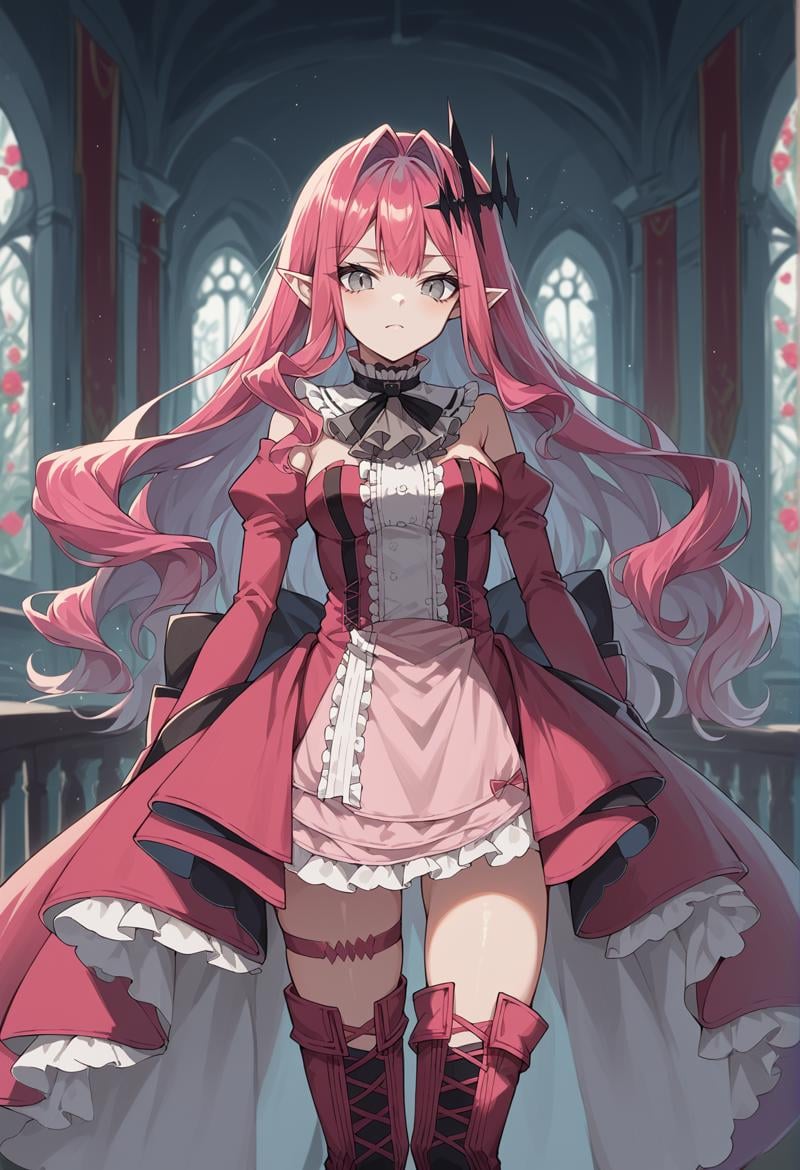 1girl, pointy ears, pink hair, very long hair, grey eyes, hair ornament, ascot, ribbon, Pink dress, long sleeves, detached sleeves, puffy sleeves, Thigh Strap, Thigh Boots, Zettai Ryouiki, frills, standing, indoors, cowboy shot  <lora:bob:1>, score_9, score_8_up, score_7_up, score_6_up, score_5_up, score_4_up, BREAK source_anime, masterpiece