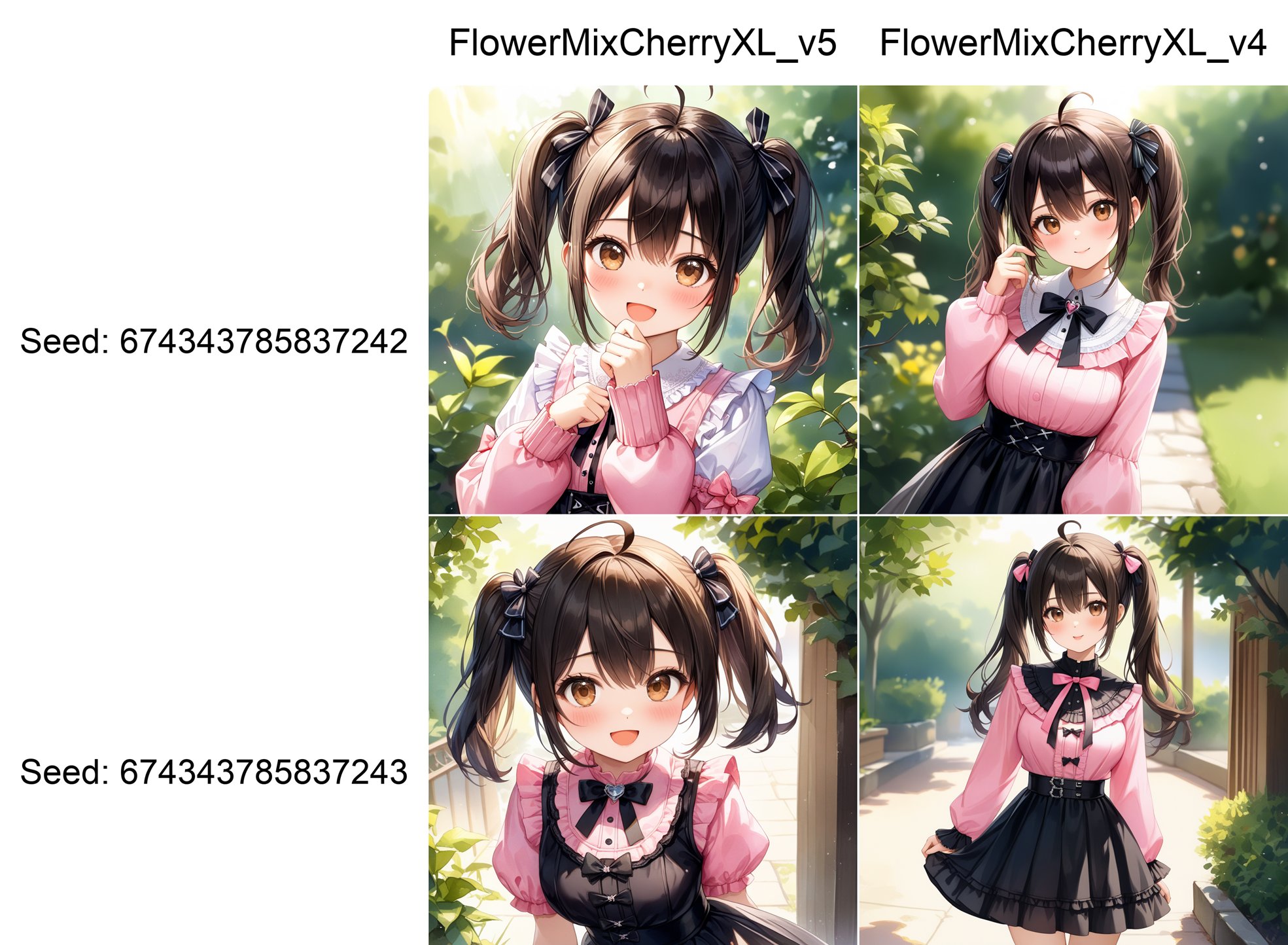 Depth of field. Portrait. Shooting from front. 1 cute girl. Solo. (Cute round face:1.1). Detailed dark-brown eyes. Tsurime. Detailed body. (Large breasts:0.8). (Black hair:1.1), twintails, ahoge and (hair between eyes:1.1). Jirai kei. Pink tops and black skirt. :D. Cute pose. Looking at viewer. Outdoors. (Daytime:1.2). (Natural lighting:1.4). Cute style. Watercolor. Intricate details. Extremely detailed. Outstanding intricacies. (Masterpiece:1.2). (Best quality:1.2). (Absurdres absolutely resolution:1.4).