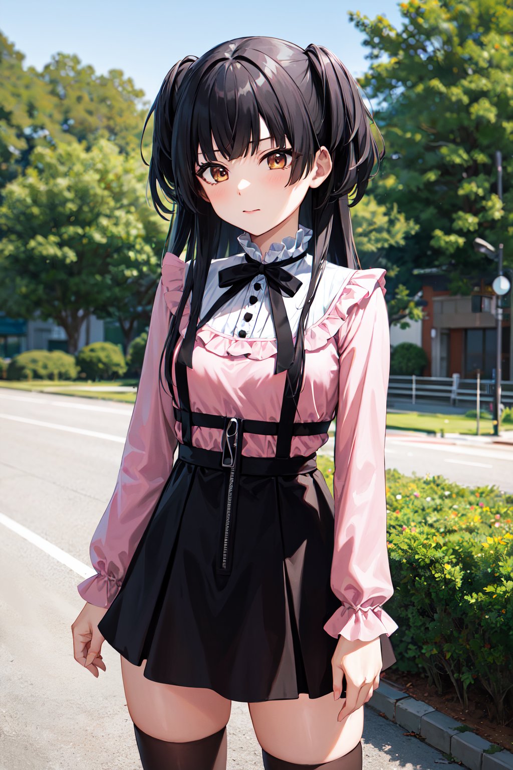 masterpiece, best quality, highres, aafuyuko, long hair, two side up, jirai kei, frills, neck ribbon, pink shirt, long sleeves, zipper, black skirt, black thighhighs, <lora:mayuzumi_fuyuko_v1:0.7>, outdoors, standing, cowboy shot, arms at sides, 