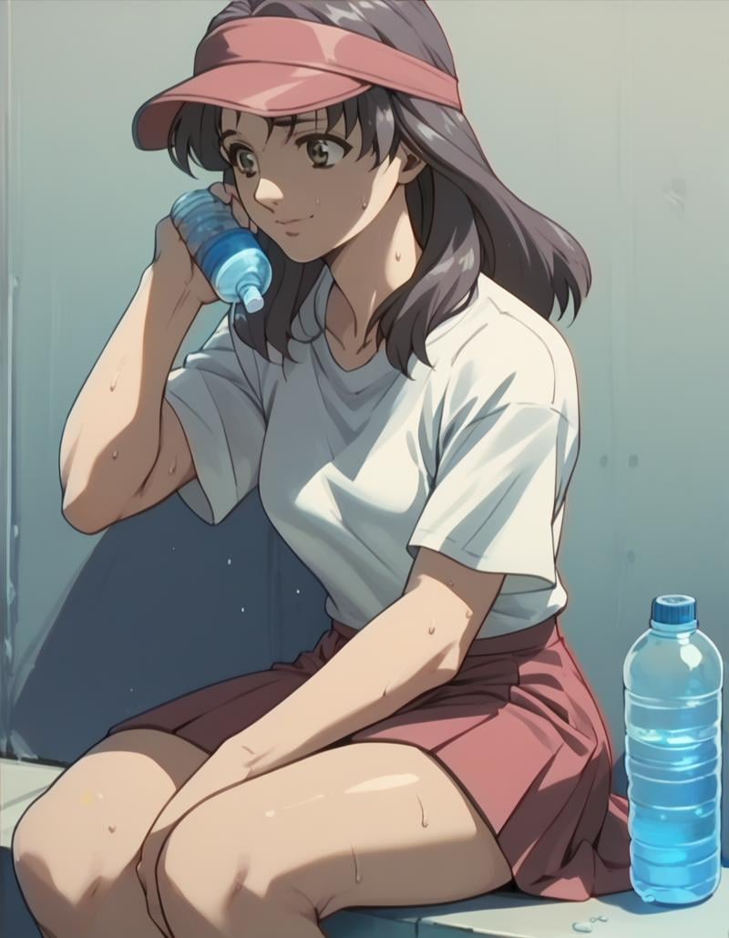 score_9, score_8_up, score_7_up, score_6_up, score_5_up, score_4_up, <lora:tomoko-ponyxl:0.9> 1girl, solo, tomoko, (purple hair:0.5), t-shirt, skirt, water bottle, sweat, visor cap, sitting, looking to the side, smile