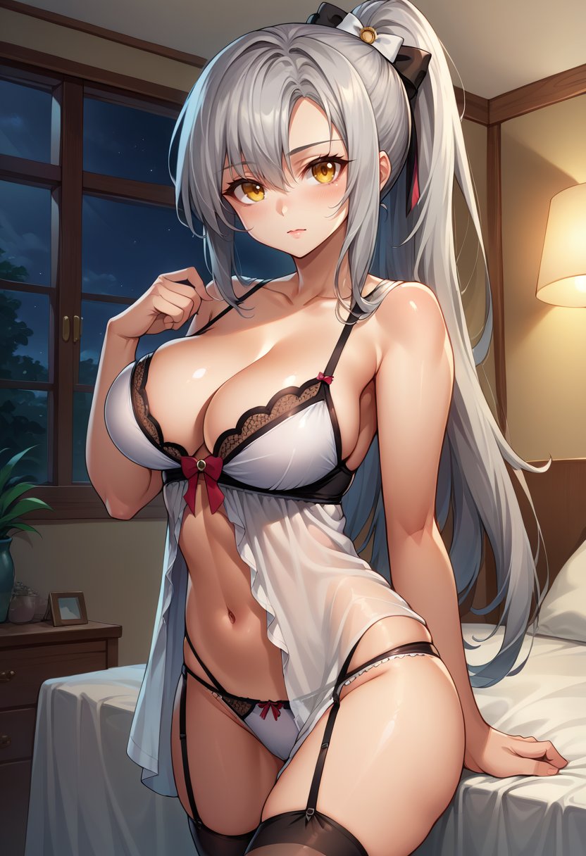 score_9,score_8_up,score_7_up BREAK 1girl,jelodktghr,solo,indoors,night,grey hair,ponytail,hair bow,yellow eyes,lace-trimmed bra,negligee,lace-trimmed panties,garter straps,looking at viewer,<lora:Drake-JeloXL-000008:1>,