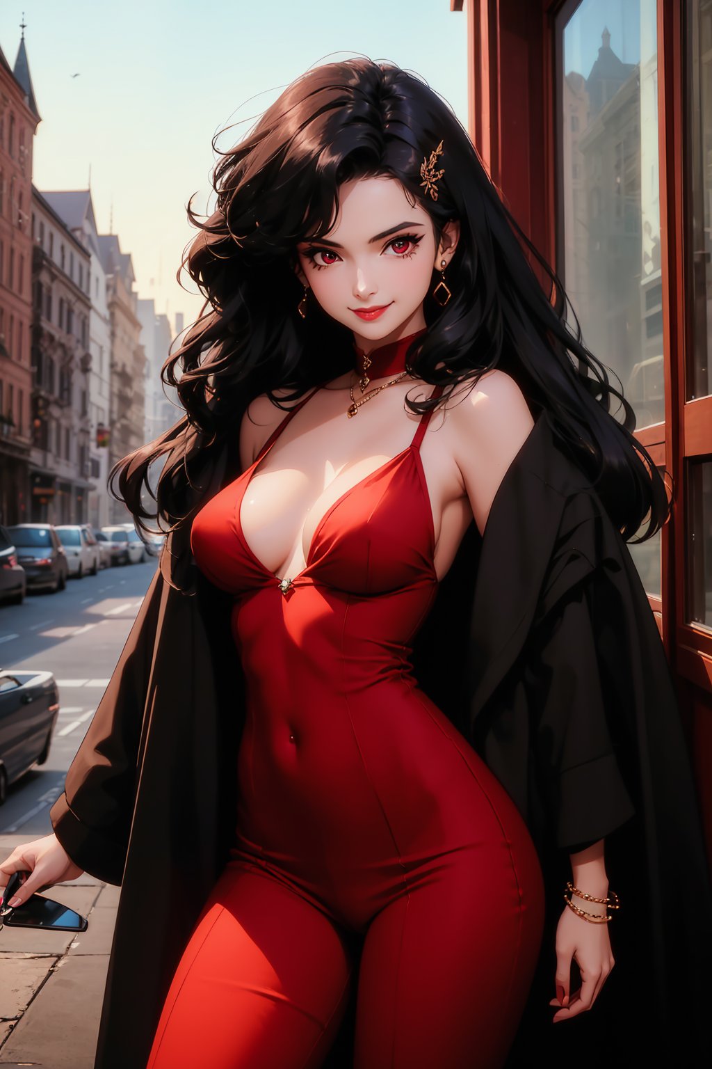 1girl, black hair, curly hair, long hair, bznoir, perfect figure, matured woman, (high quality, masterpiece:1.2), hair clip, red eyes, (gentle smile:1.2)<lora:EMS-323506-EMS:1.000000>