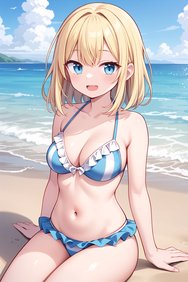 insanely detailed, absurdres, ultra-highres, ultra-detailed, best quality,(wearing pastel blue pink bikini with checked pattern with frills:1.3),1 girl, solo, happy smile, laugh, open mouth,BREAKsitting on beach, dynamic pose, cowboy shot, looking at viewer,slender, kawaii, perfect symmetrical face, ultra cute girl, ultra cute face, ultra detailed eyes, ultra detailed hair, ultra cute, ultra beautiful,BREAKbeach, coast, ocean, blue sky, cloud, outdoor, ultra detailed background,large breasts, cleavage, (blonde medium hair, blue eyes:1.2)