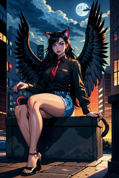 1girl, solo, long hair, looking at viewer, blue eyes, shirt, black hair, voluptuous, large breasts , sexy, long sleeves, cat ears animal ears, cat tail, tail, white wings, feathered wings, black shirt, collared shirt, wing collar, red necktie, cape, shawl, earrings, jewelry, black nails, nail polish, black footwear, shoes, denim shorts, short shorts, breast pocket, outdoors, sitting on a bench, dusk, moon, clouds, pocket, city, in the style of Mike Deodato and Joe Madureira