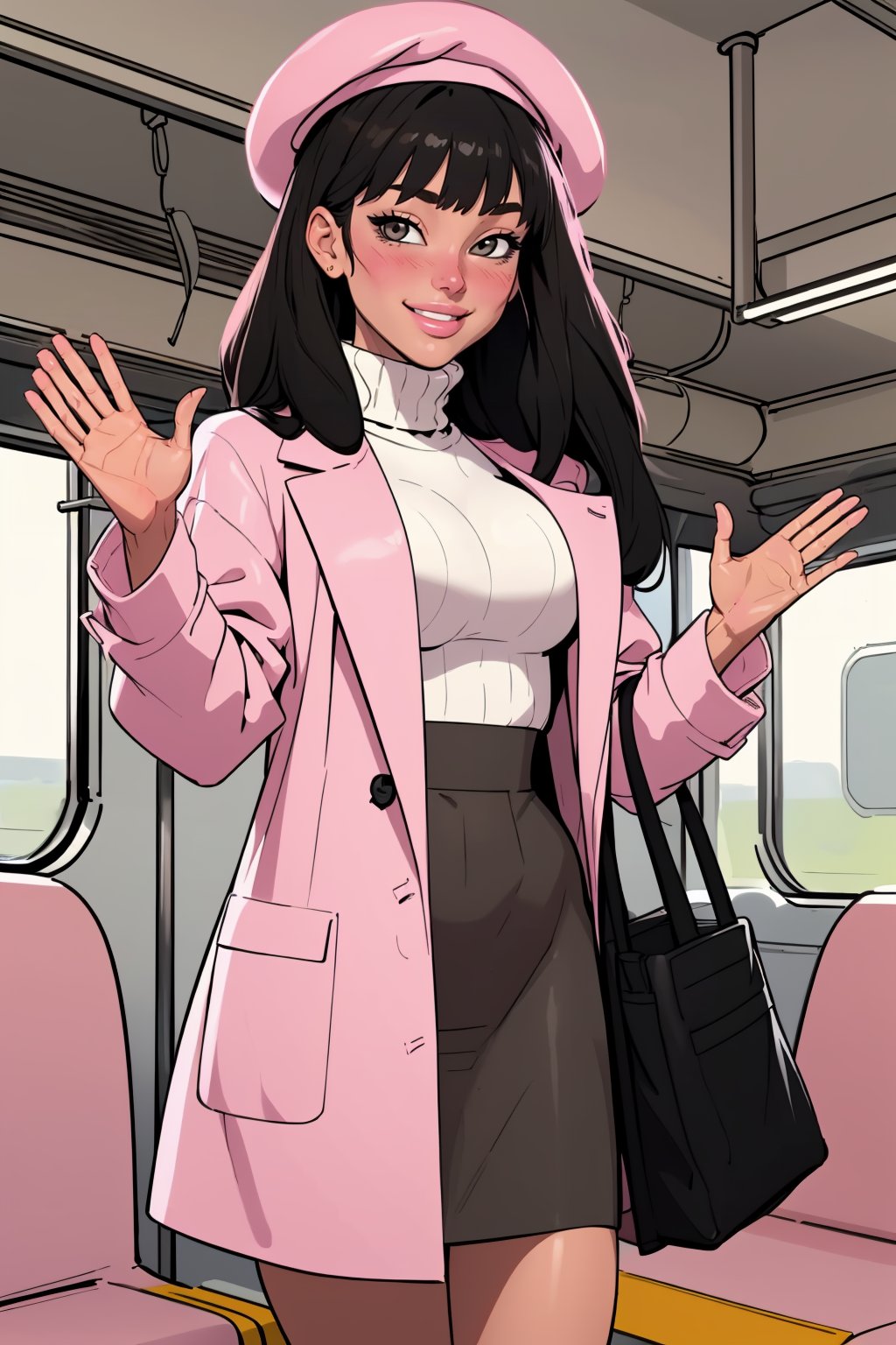 (masterpiece, best quality:1.2), <lora:thepit:1>, thepit, 1girl, solo, train interior, bag, hat, long hair, blush, smile, looking at viewer, coat, white sweater, bangs, black hair, sweater, pink coat, beret, closed mouth, turtleneck, long sleeves, waving