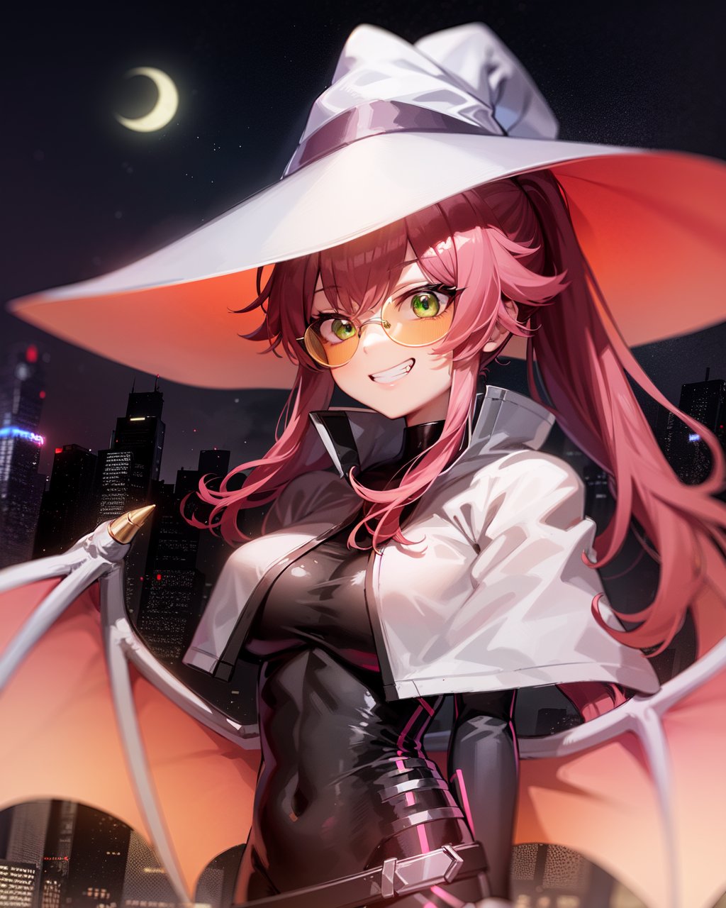 1girl, kisikilevil, pink hair, green eyes, long hair, ponytail, orange-tinted glasses, white capelet, black bodysuit, pink demon wings, white witch hat,outdoors, city, night sky, pink ambient lighting, cyberpunk, moon, grin, <lora:kisikilv2-000006:0.9>