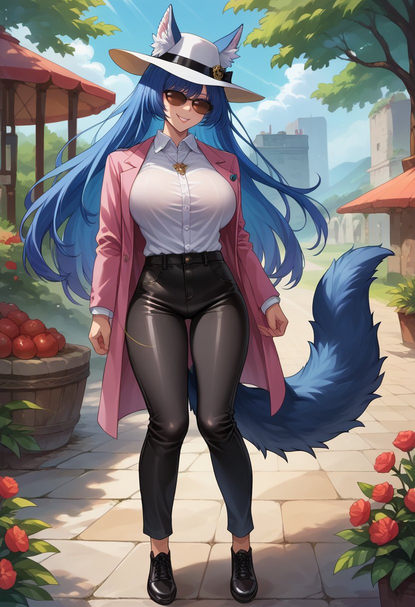 score_9,score_8_up,score_7_up BREAK 1girl,jelofenrirudef,solo,outdoors,blue hair,long hair,animal ears,white fedora,sunglasses,necklace,pink blazer,white undershirt,black pants,leather shoes,tail,seductive smile,<lora:Fenriru-JeloXL-000007:1>,