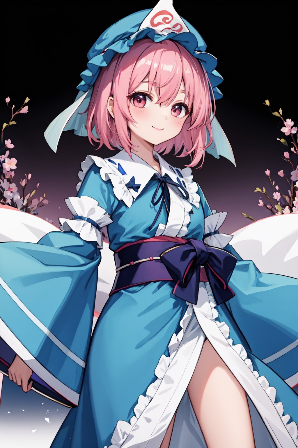 saigyouji_yuyuko,1girl,solo,mob_cap,triangular_headpiece,long_sleeves,blue_headwear,blue_kimono,wide_sleeves,blush,looking_at_viewer,smile<lora:saigyouji_yuyuko:1>,simple background,white backgroundmasterpiece,best quality, highly detailed, 