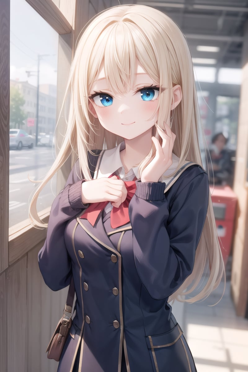 insanely detailed, absurdres, ultra-highres, ultra-detailed, best quality,1girl, solo, nice hands, perfect handsBREAKwearing winter school uniform, (nsfw:-1.5)BREAKhappy smile, laugh, closed mouthBREAK45 angle,standing, cowboy shot, looking at viewerBREAKslender, kawaii, perfect symmetrical face, ultra cute girl, ultra cute face, ultra detailed eyes, ultra detailed hair, ultra cute, ultra beautifulBREAKin schoolyard, depth of field, ultra detailed backgroundBREAKmedium large breastsBREAKblonde hair, blue eyes, hime cut,