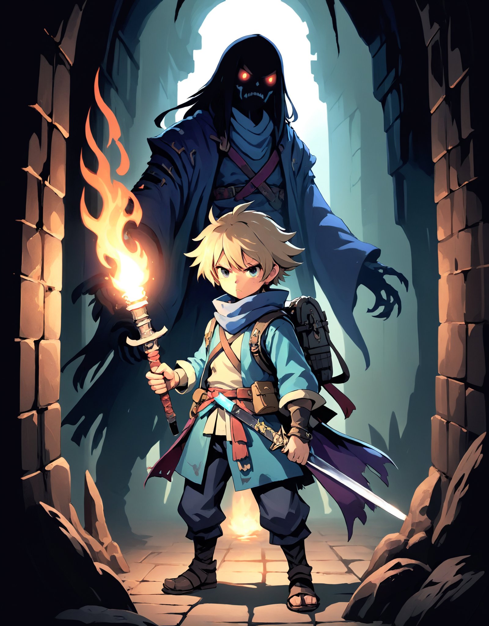 Illustration of a lone wanderer named Shiren, equipped with a sword, exploring a treacherous dungeon filled with monsters and traps, with a determined look on his face and a dimly lit torch casting eerie shadows on the walls.