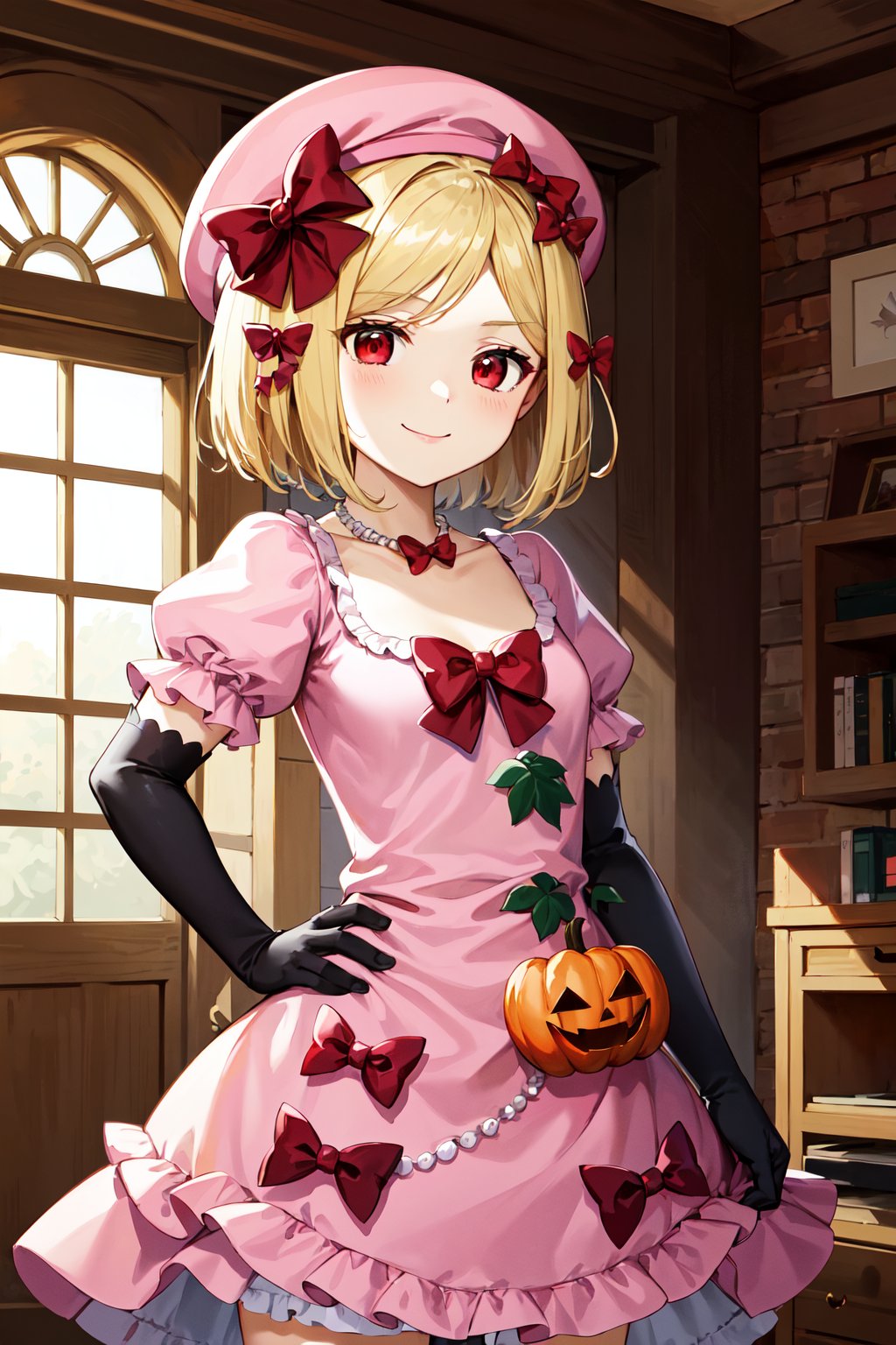 masterpiece, best quality, highres, aalamb, short hair, hair bow, red bow, beret, pink headwear, red eyes, necklace, frills, pink dress, jack-o'-lantern, puffy sleeves, elbow gloves, black gloves, <lora:lambdadelta_v1:0.7>, indoors, hand on hip, smile,