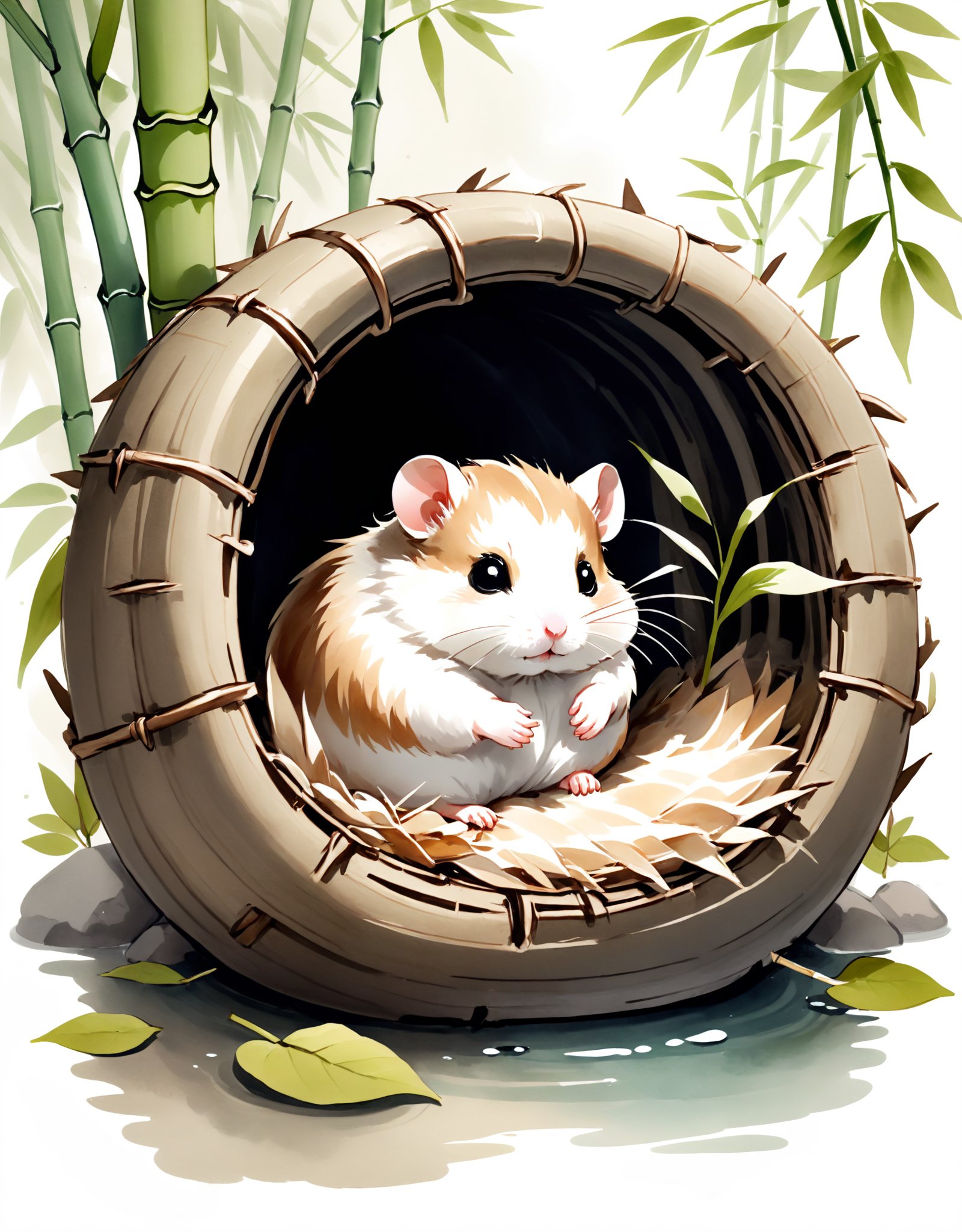 Ink wash painting of a cute hamster curled up in a cozy nest made of twigs and leaves, with delicate strokes depicting its small whiskers and soft, fluffy fur. The background shows a tranquil scene of bamboo trees and a gentle stream, using varying shades of ink to create a serene atmosphere.