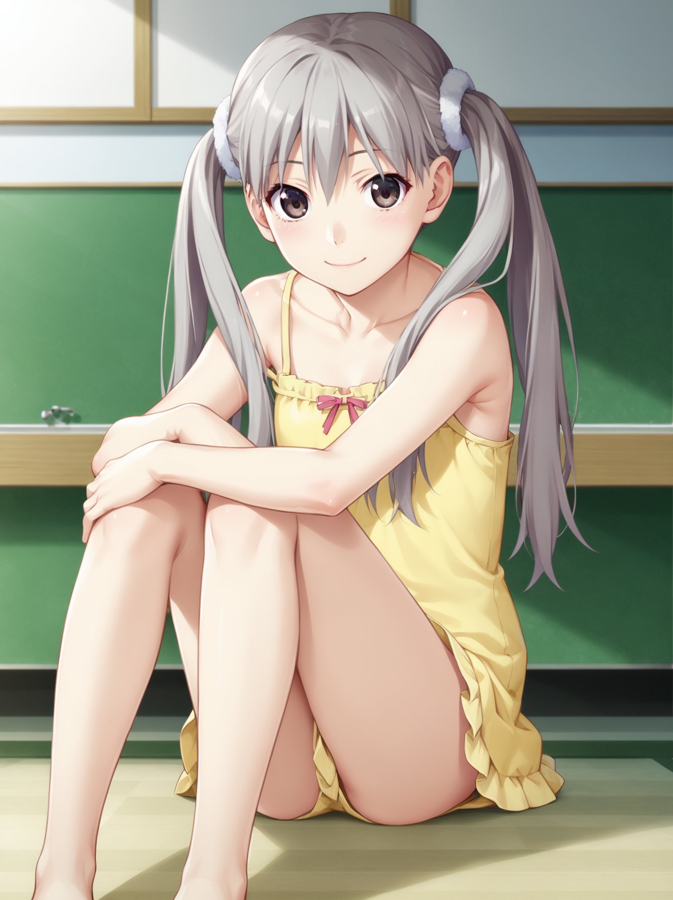 <lora:OikuraSodachi:1>, oikurasodachi, 1girl, smile, yellow camisole, sitting, knees to chest, frills