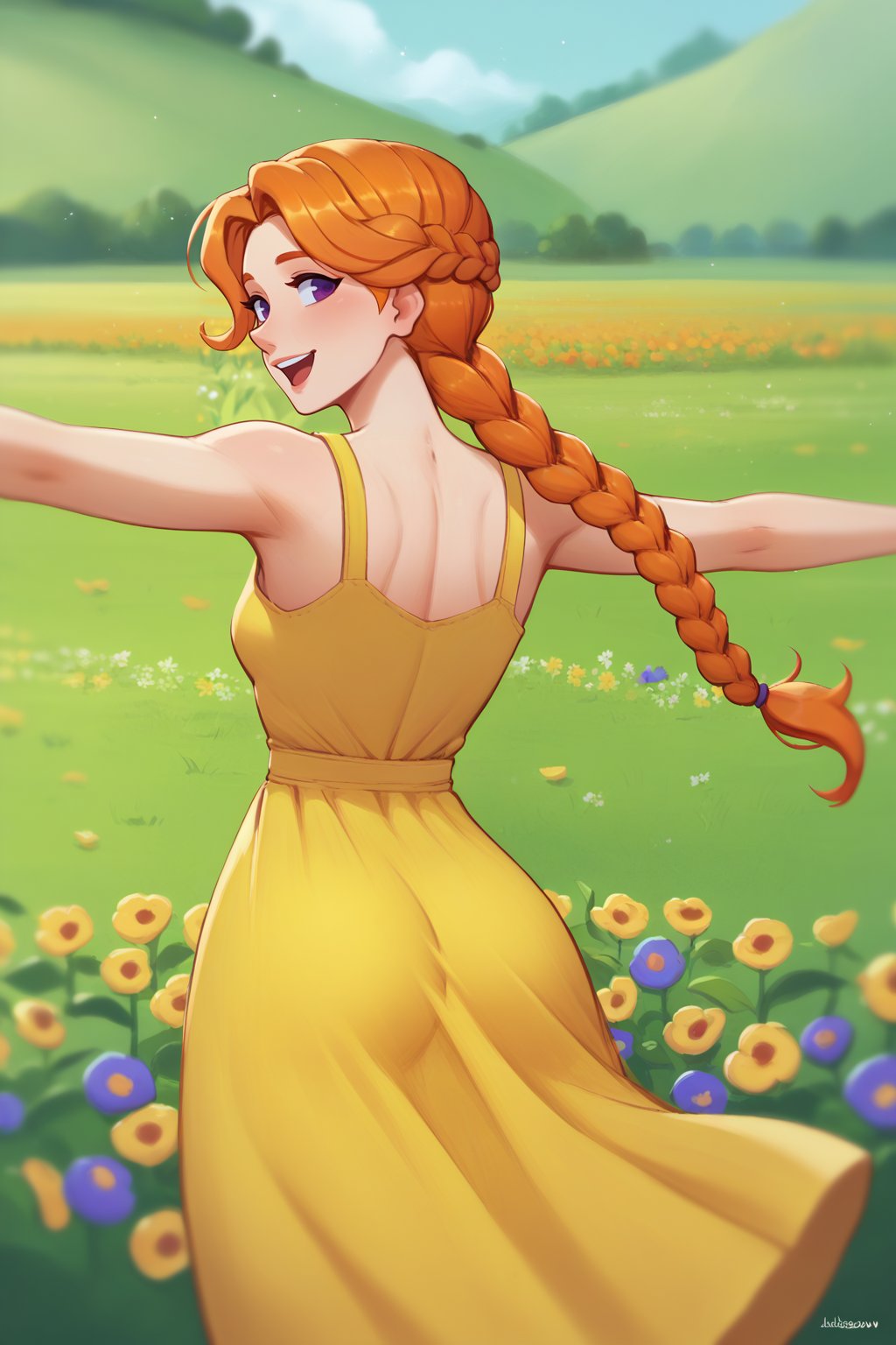 score_9, score_8_up, score_7_up, digital painting, 1girl, solo, <lora:NSLeahStardew:1> NSLeahStardew, orange hair, long hair, braid, braid in front, purple eyes, from behind, yellow sundress, flower field, happy, spread arms, looking back