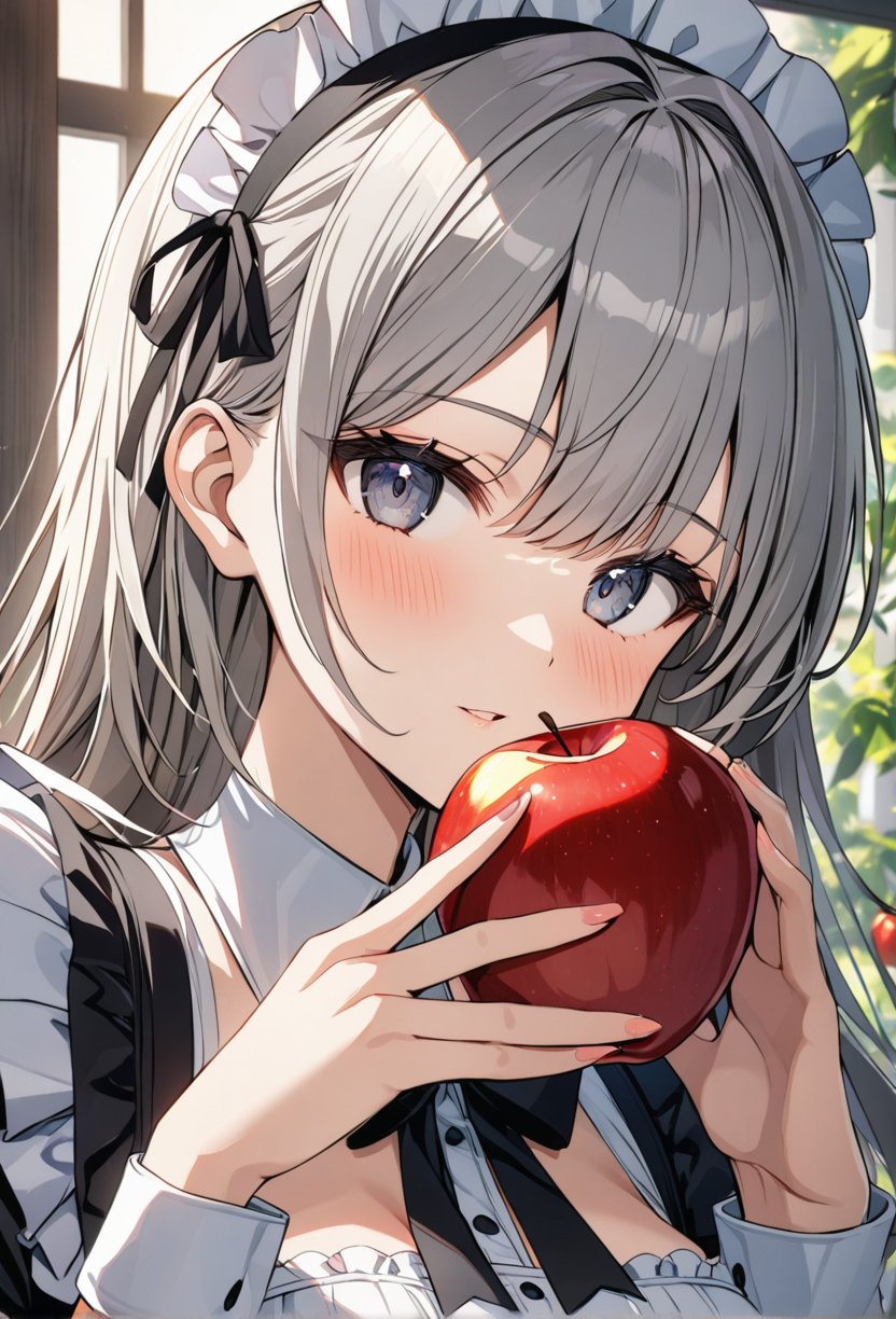 1girl,solo,Grey hair,long hair,maid's outfit,close-up of face,looking at viewer,holding apple in hand,highly detailed,best quality,absurdres,detailed,HDR,natural light,