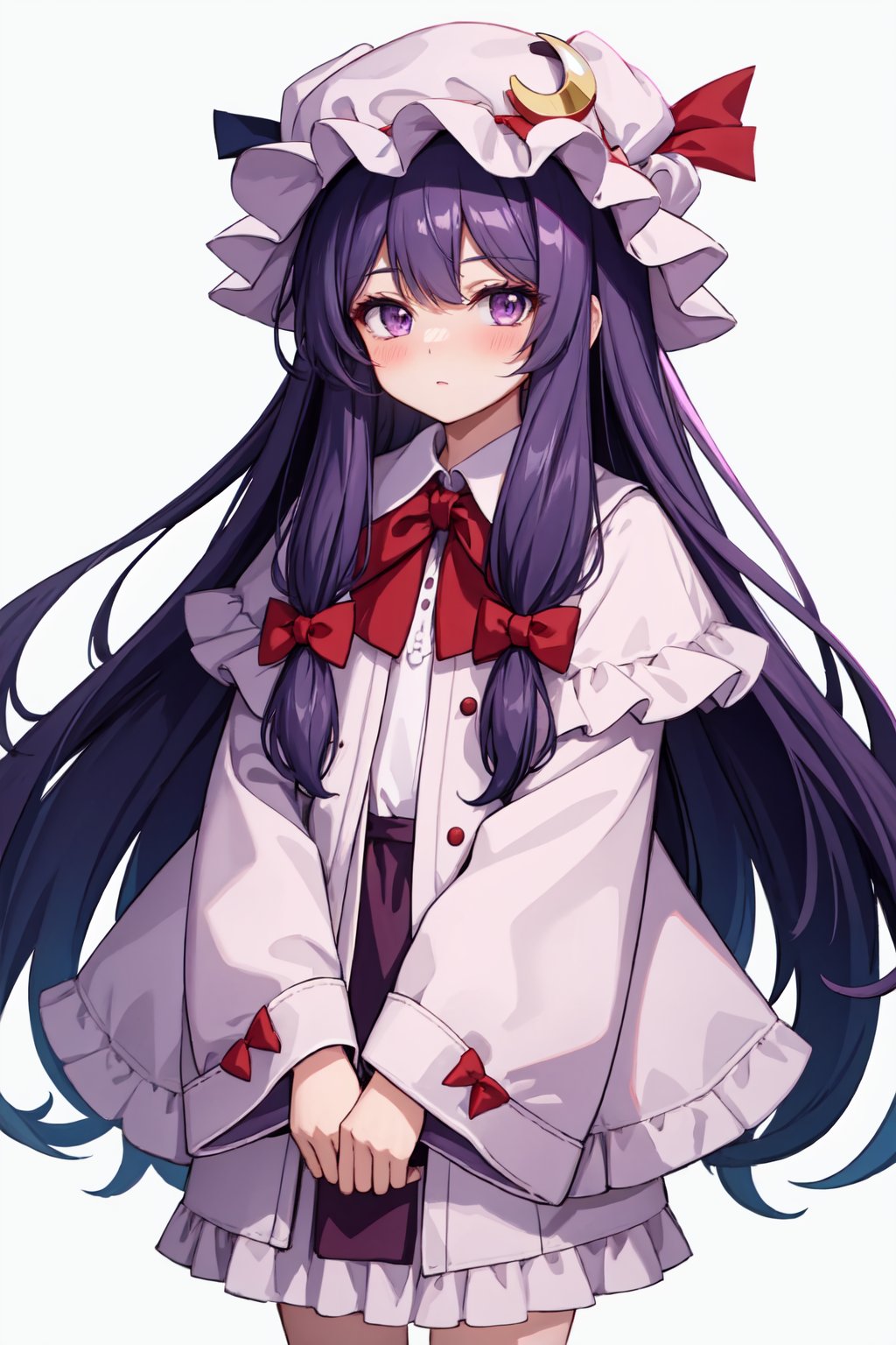 patchouli_knowledge,1girl,mob_cap,looking_at_viewer,hair_bow,red_bow,crescent_hat_ornament,blue_bow,blush,solo,long_sleeves<lora:patchouli_knowledge:1>,simple background,white backgroundmasterpiece,best quality, highly detailed, 