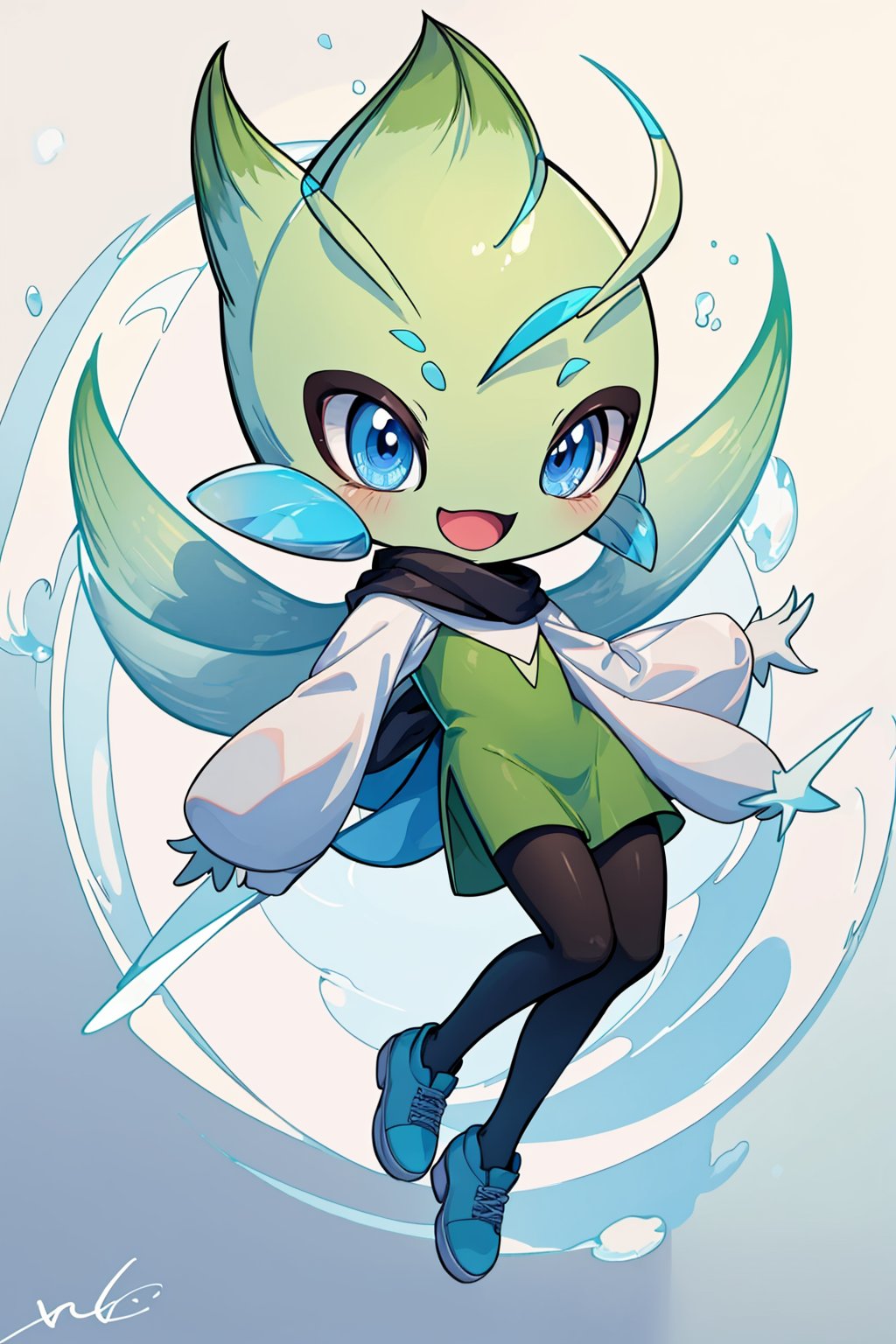 masterpiece,best quality, highly detailed, celebi,no humans,open mouth,pokemon \(creature\),solo,full body,happy,d,looking at viewer,signature,<lora:celebi:1>