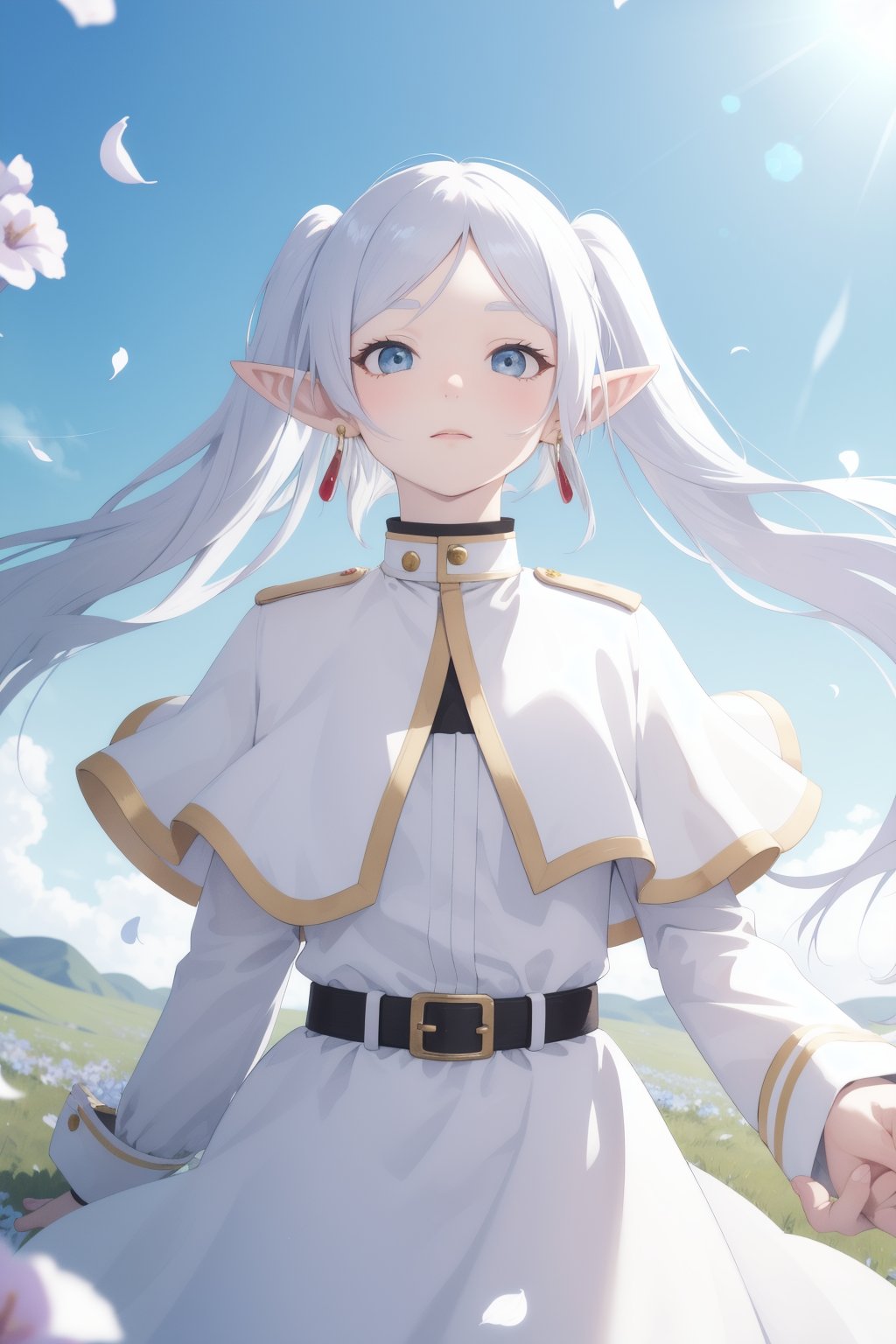 best quality,pastel color,frieren,1girl,long hair,pointy ears,twintails,jewelry,elf,earrings,capelet,white capelet,long sleeves,parted bangs,dress,belt,(flowers:1.2),forlorn look,lots of light particles,(Depth Of Field:1.2),Blowin' in the wind,(white Petals dancing in the wind:1.1),fisheye,Look up at the sky in the distance,<lora:lbc_Frieren24324_v1.0:1>,