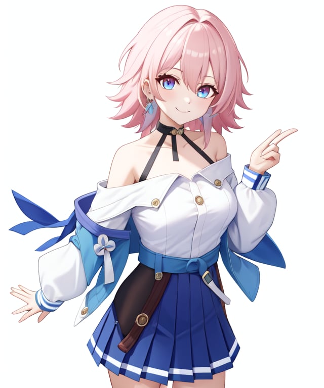 <lora:三月七v408:1:lbw=char>,march7th,1girl,solo,white shirt,long sleeves,blue jacket,blue skirt,black choker,earrings,pleated skirt,bare shoulders,smile,<lora:三月七v2:0:lbw=char>,, (masterpiece,best quality:1.2),absurdres, high quality,