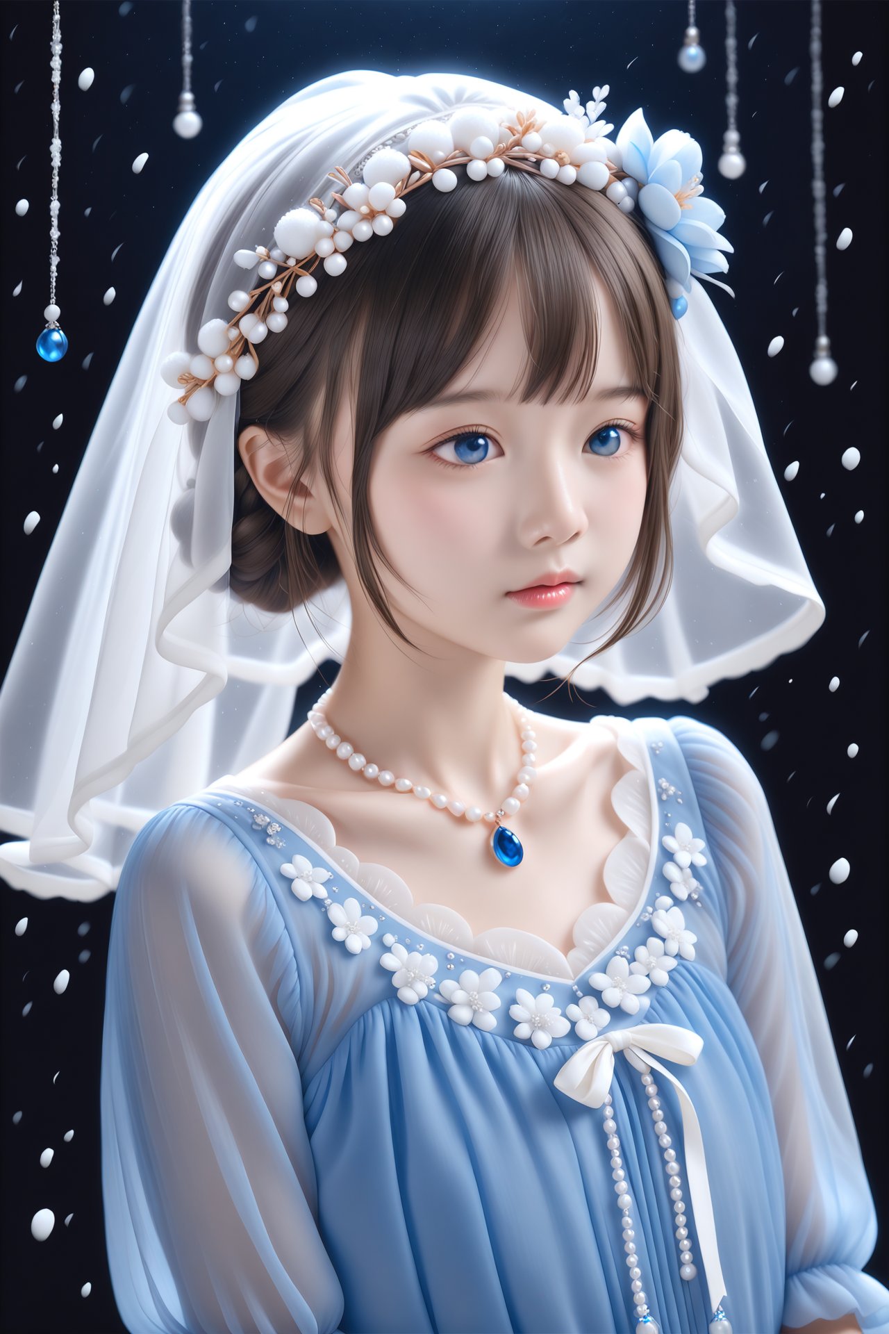 masterpiece,best quality,1girl,veil,solo,blue eyes,brown hair,black background,bridal veil,dress,realistic,upper body,snowing,see-through,blue dress,lips,short hair,collarbone,bride,closed mouth,jewelry,pearl \(gemstone\),snow,hair ornament,flower,