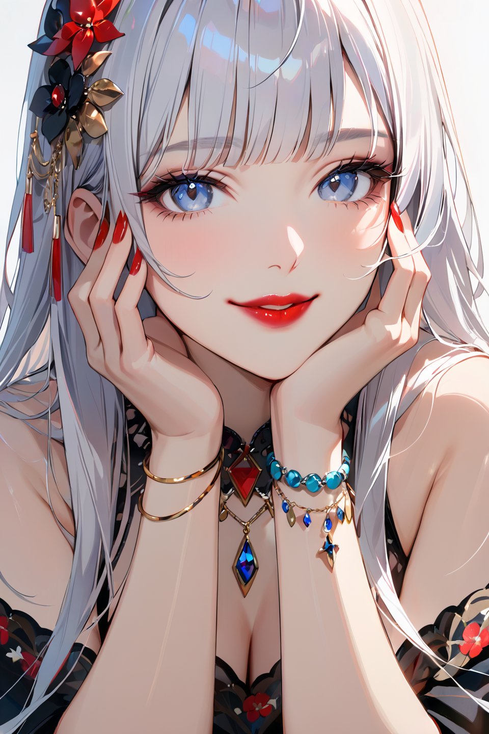 1girl, solo, long hair, looking at viewer, smile, blue eyes, hair ornament, white background, jewelry, white hair, closed mouth, blunt bangs, nail polish, bracelet, lips, grey eyes, portrait, red nails, close-up, red lips, hands on own face, hands on own cheeks,(masterpiece:1.2),(best quality:1.2),