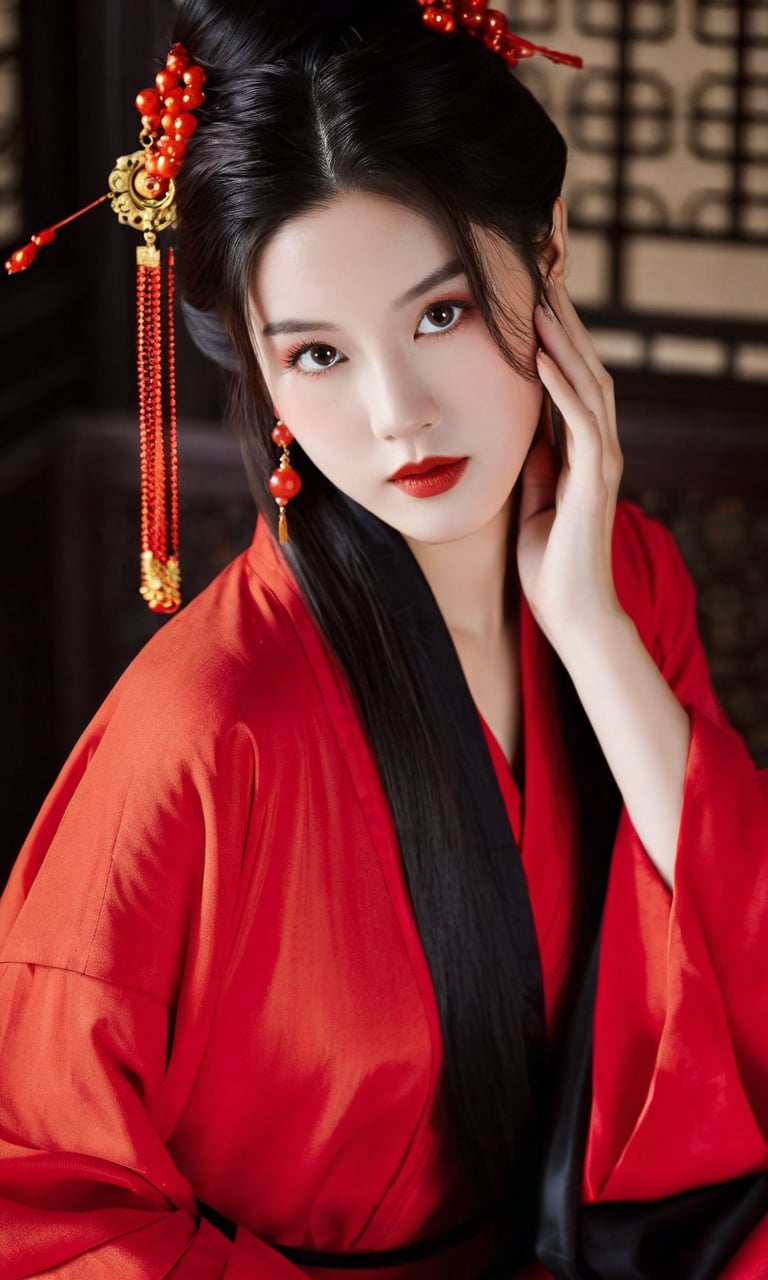 https://s.mj.run/8TcQeJllwP4 https://s.mj.run/Sn3S7YZsuK0 this image is of a chinese woman posing for etsy with a red robe, in the style of eye-catching resin jewelry, simple and elegant style, dark red and dark orange, uhd image, pure color --ar 5:8 --iw 2 --v 6