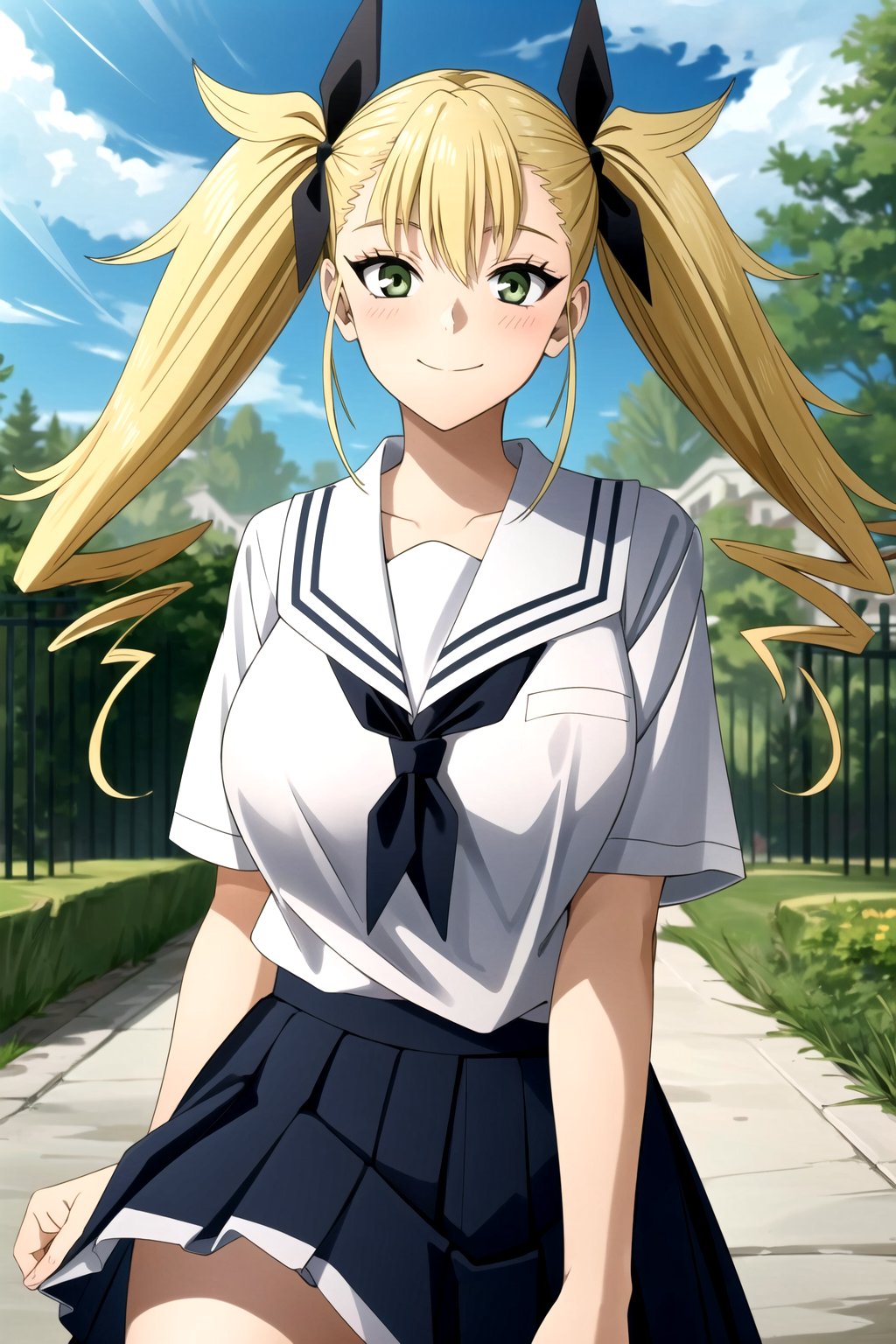 (masterpiece, best quality, highres, dynamic lighting), <lora:add_detail:0.4>, looking at viewer, blush, closed mouth, happy, large breasts, looking at viewer, outdoors, <lora:kikoru:0.7>, school uniform, twintails, kikoru 