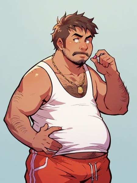 score_9, score_8_up, score_7_up, score_6_up,   <lora:athfXLP:1> (athf,:1), flat color, facial hair, male focus, tank top, fat, solo,