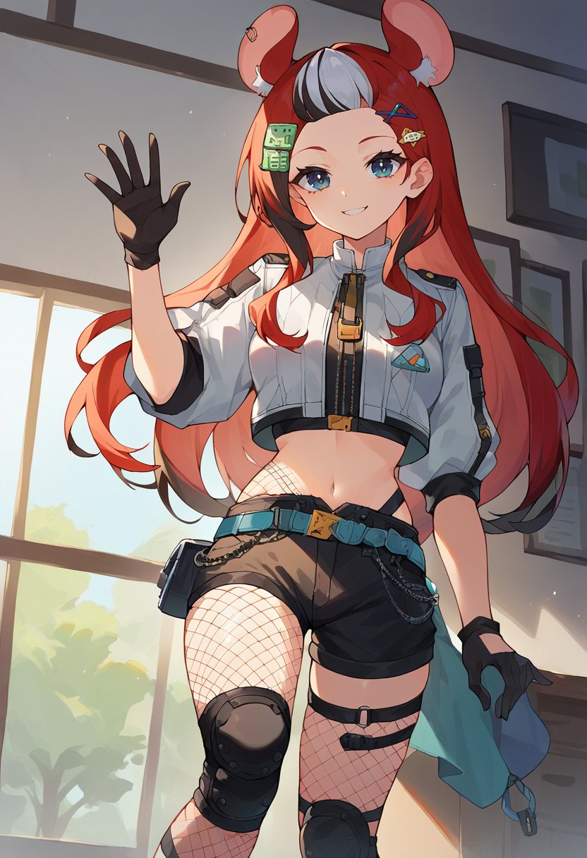 score_9, score_8_up, score_7_up, source_anime, BaelzCasual, long hair, hairclip, crop top, fishnets, gloves, white cropped jacket, black shorts, belt, thighhighs, knee pads, waving at viewer, indoors, smile, <lora:HakosBaelzPDXL-000009:1>