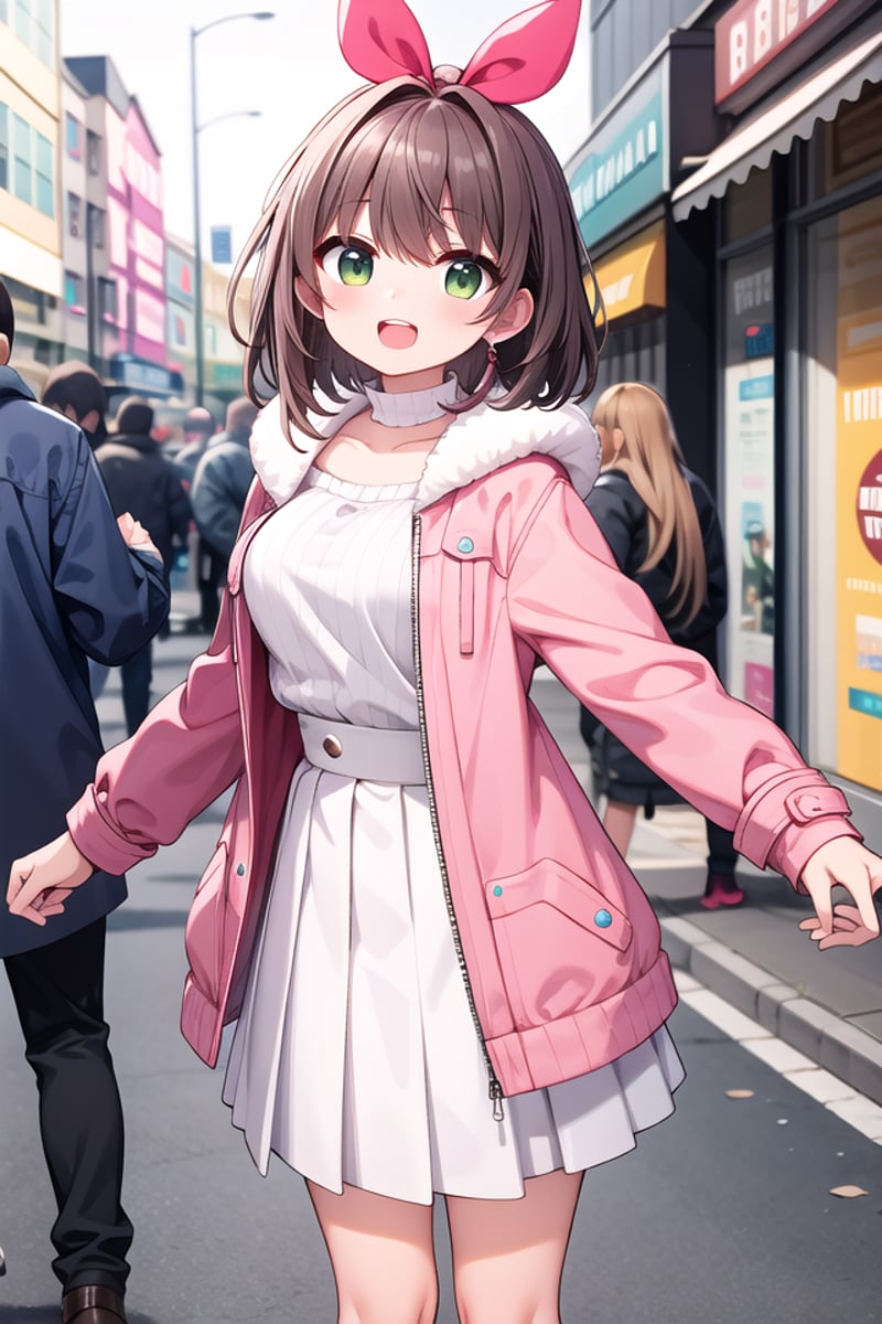 <lora:talkmouth_O_type1_v200:1>insanely detailed, absurdres, ultra-highres, ultra-detailed, best quality,1girl, solo, nice hands, perfect handsBREAK(pink and white theme:1.4), (Wearing a (long sleeve pink coat with fur color) over a white high neck blouse:1.4), (fur cuffs:1.3), (double pillar button:1.3), (pocketless:1.4), (plain ivory-white pantyhose:1.4), (pink heeled boots with lace-up:1.2)    BREAK    (wine-red pleated skirt:1.3)    BREAK    (naked skin:-1), (See-through:-1), (pocket:-1), (black pantyhose:-1), (wine:-1), (red coat:-1), (white coat:-1), (red tops:-1), (white skirt:-1), (pink skirt:-1), (black skirt:-1), (text on clothes:-1), ((mark, logo, pattern) on pantyhose:-1), (tone pantyhose:-1), (bare shoulders:-1)BREAK(nsfw:-1.5)BREAKsmile, open mouthBREAK,standing, cowboy shot, looking at viewerBREAKslender, kawaii, perfect symmetrical face, ultra cute girl, ultra cute face, ultra detailed eyes, ultra detailed hair, ultra cute, ultra beautifulBREAKin street, cityscape in harajuku, depth of field, ultra detailed backgroundBREAKlarge breastsBREAKorange hair, green eyes, spiked hair, 