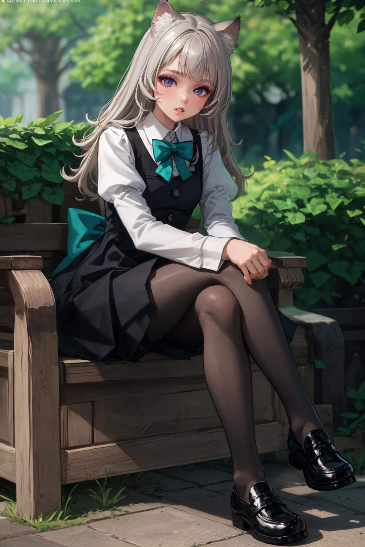 masterpiece, best quality, solo, 1girl, (full body:1.5), parted lips, sitting, (legs crossed:1.5), french town, outdoors, <lora:Genshin_Little_Lynette_v2-000360:0.6>, long hair, long sleeves, black dress, black vest, collared shirt, teal bow, cat ears, parted lips, purple eyes, cat tail, grey hair, grey pantyhose, black loafers, puffy sleeves, bowtie, teal plaid skirt, pleated skirt, black skirt, pov, 