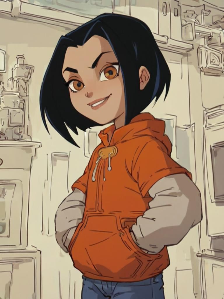 score_9, score_8_up,  jadechan, 1girl, black hair, brown eyes, solo, short hair, long sleeves, orange hoodie, smile, pants, upper body,standing, looking at viewer, hands in pockets,   <lora:Jadepony2.2:1>   zPDXLxxx