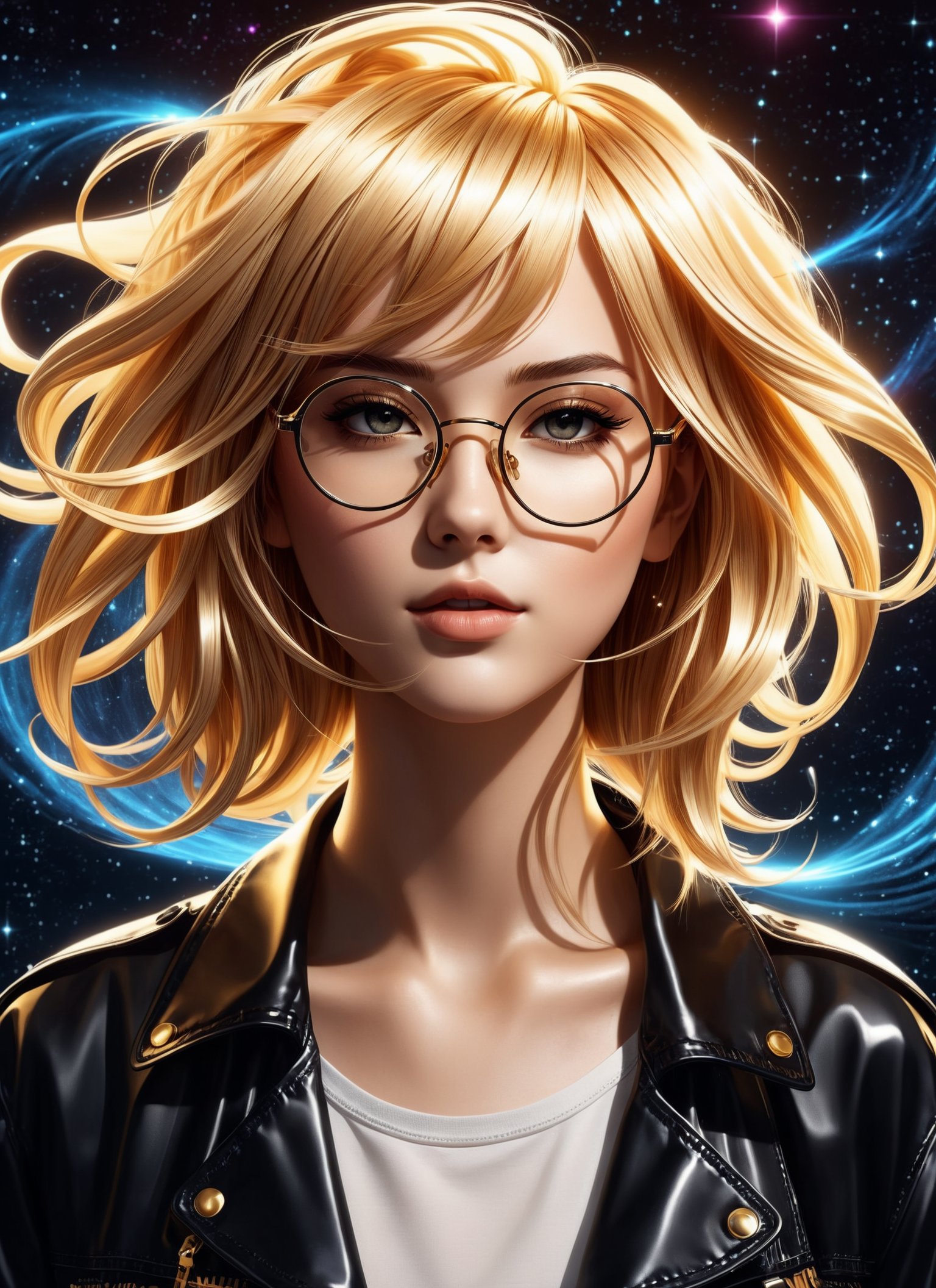photorealistic Medium format photography, (Anime girl with cosmic swirls backdrop:1.3), Golden ratio composition, Stylish glasses, Flowing hair strands, (Modern punk elements:1.2), Dark animated backdrop, Full HD vector quality, Conviction illustrated, Character's mood shining . highly detailed, lifelike, precise, accurate