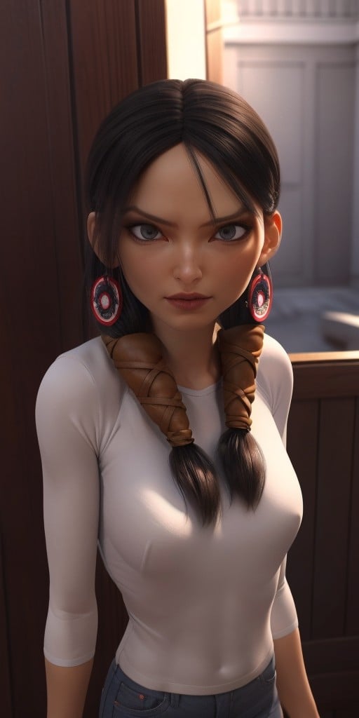 Hyperrealistic, photorealistic, super detailed, black hair, fifteen years old, expressive grey eyes, body like in real life, large pores, slender, light brown skin, beautiful arms, very little breasts, unreal engine, octane render, droped shadow, bokeh, cinematic lighting, <lora:add_detail:0.5>, <lora:Volumetric_lighting:0.6>, hair is parted down the middle braided at the sides and wrapped in leather, gray eyes, fingernails are painted with a metallic blue nail polish, eyebrows are sharply curved at the outer ends, Birth mark can be seen under her left eye, , <lora:4dcdfb52-dfd4-4bd7-9c48-948e4f9c3676:0.7>