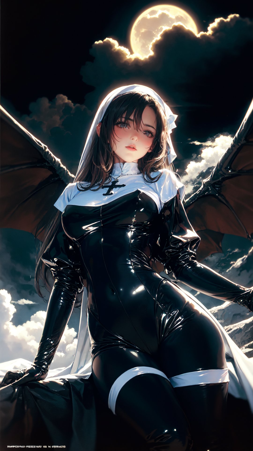 tutututu, (nun),(cross necklace), latex bodysuit, shiny clothes, skin tight, habit, latex gloves, latex legwear, black bodysuit, thigh boots,((best quality)), ((masterpiece)), (detailed), alluring succubus, ethereal beauty, perched on a cloud, (fantasy illustration:1.3), enchanting gaze, captivating pose, delicate wings, otherworldly charm, mystical sky, (Luis Royo:1.2), (Yoshitaka Amano:1.1), moonlit night, soft colors, (detailed cloudscape:1.3), (high-resolution:1.2),<lora:tutuXV_00002:0.7>