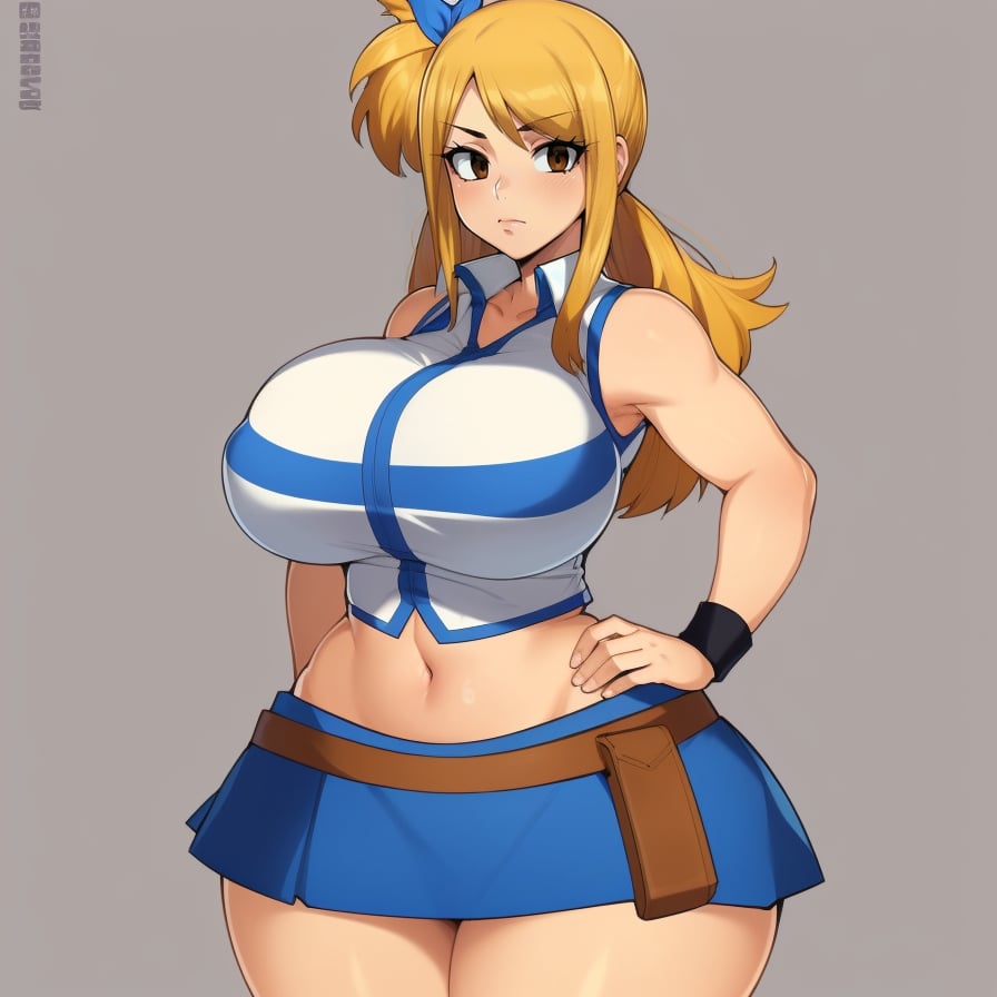 (masterpiece, best quality:1.3), Taigerarts, Soft Shading, 1girl, solo, looking at viewer, <lora:Taigerarts Style Lora:.8>, closed mouth, dynamic angle, blonde hair, (light brown eyes), lucy heartfilia, long hair, white shirt, sleeveless, belt, blue skirt, midriff <lora:lucy_heartfilia_v11:.8>, huge breasts, mature female, wide hips, thick thighs