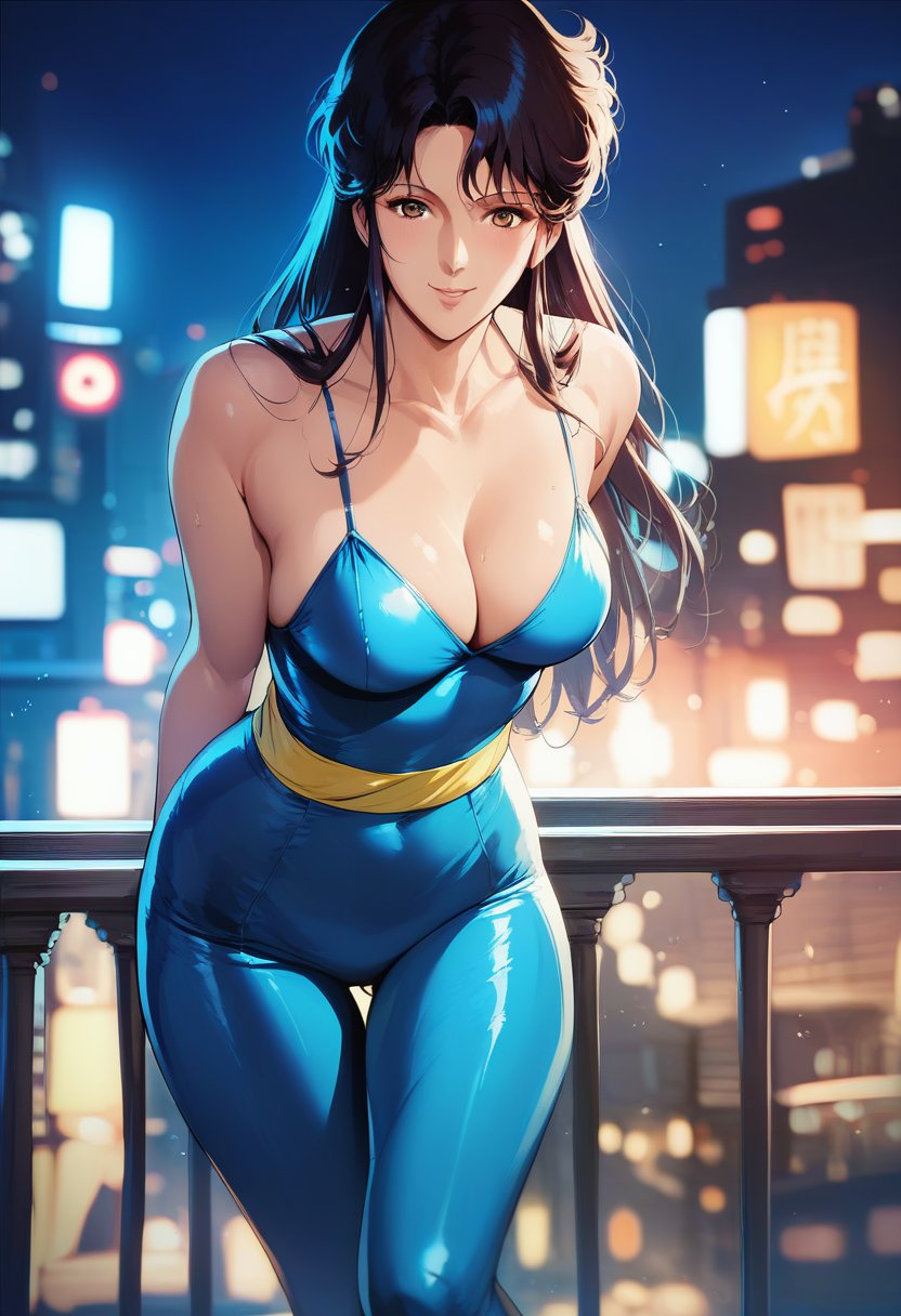 <lora:hitomi_ponybase_1-1-000008:1>, 1girl,  fh1to, Blue_Catsuit_Yellow_Belt,leaning forward, smiling, seductive, arms behind back, night, cityscape, blurry background, depth of field, backlighting, BREAK score_9, score_8_up, score_7_up, score_6_up, score_5_up, score_4_up, source_anime, (high quality, detailed, beautiful), shiny, outstanding, countershading