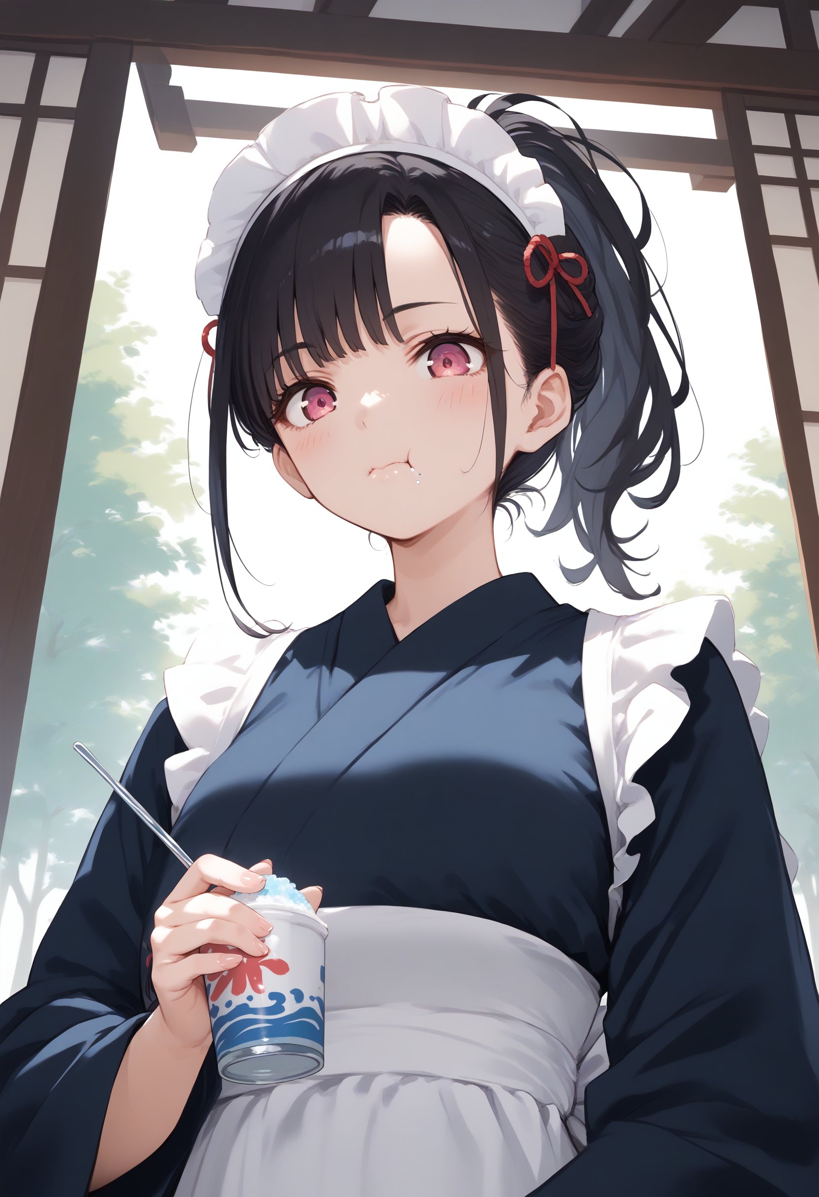 score_9, score_8_up, score_7_up, source_anime,1girl,solo,medium breasts, maid, maid headdress,shaved ice,<lora:shavedice_Pony_v1:0.8>holding drinking straw, spoon straw, eating,from below, upper body, looking down, black hair, pink eyes,kubrick stare, japanese arch, closed mouth, ponytail hair,,