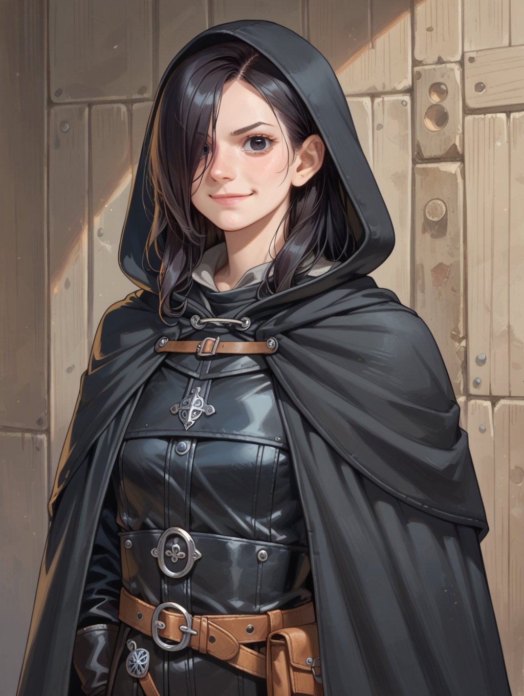 score_9, score_8_up, score_7_up,1girl, solo, long hair, black hair, black eyes, short stature, big eyes and ears, hair over one eye, smirk, closed mouth, black hooded cloak, hood over face, black leather gloves, black leather garments, medieval, dungeons and dragons, semi realistic, cowboy shot, looking at viewer, 