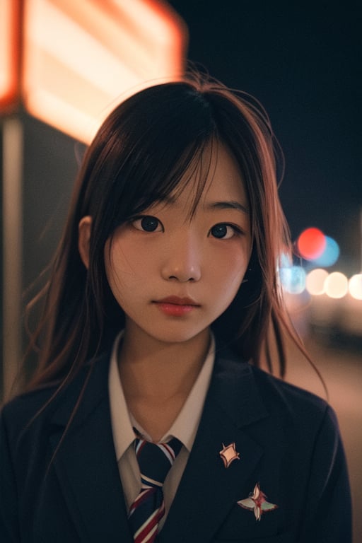 1girl, close up, japanese girl wearing school uniform, at night, Raw format,  good lighting,  analog photography aesthetic, instagram filter, film noise, film grain,
