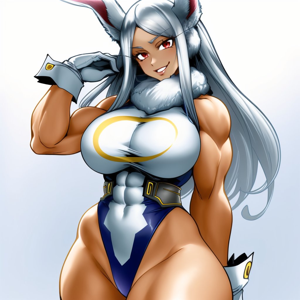 (masterpiece, best quality:1.3), TheGoldenSmurf, 1girl, solo, looking at viewer, wide hips, mature female, closed mouth, seductive smile, large breasts, cowboy shot, thick thighs,  <lora:TheGoldenSmurf Style Lora:.9>, leotard, fur collar, muscular female, bunny ears, white hair, red eyes, thighhighs, gloves,  <lora:Mirko:.8>