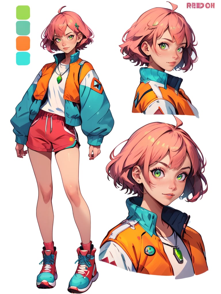 score_9, score_8_up, score_7_up, score_6_up, (CharacterSheet:1), 1girl, pink short hair, orange jacket, red shorts, bangs, white shirt, green pendant, red shoes, green eyes, simple white background, dynamic pose, sexy, reference sheet, (full body, from side, front:1.1), upper body, cartoon, CharacterDesignXL <lora:XLPCharacterDesign_Concept-10V2:0.8>